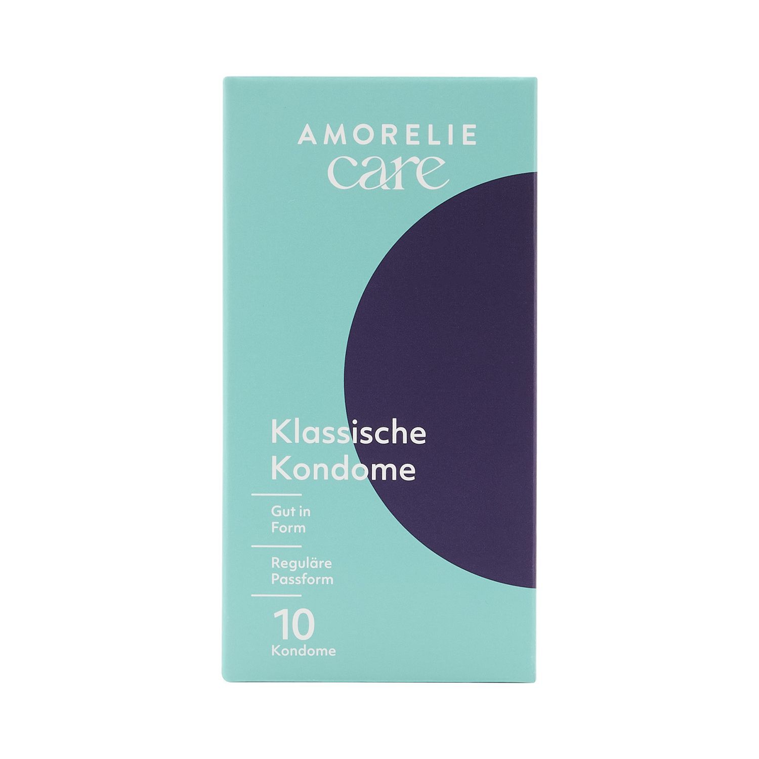Verpackung mit AMORELIE Care »Klassische Kondome«. 10 Kondome. Text: Gut in Form, Reguläre Passform.