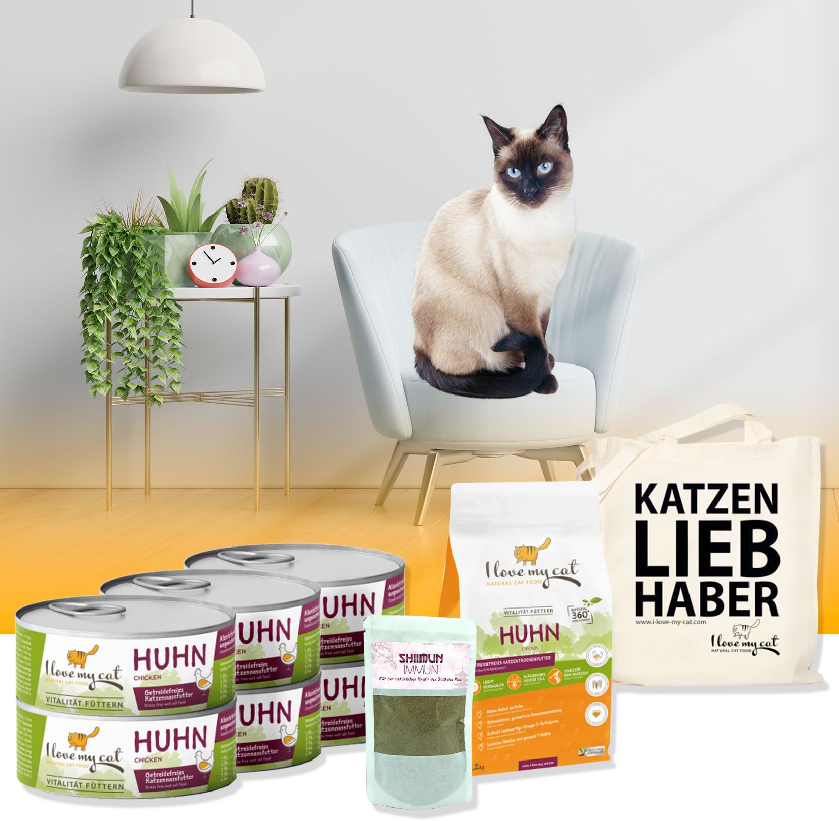 I love my cat Sparset für Siamkatze Nassfutter und Trockenfutter mit Huhn Nahrungsergänzung