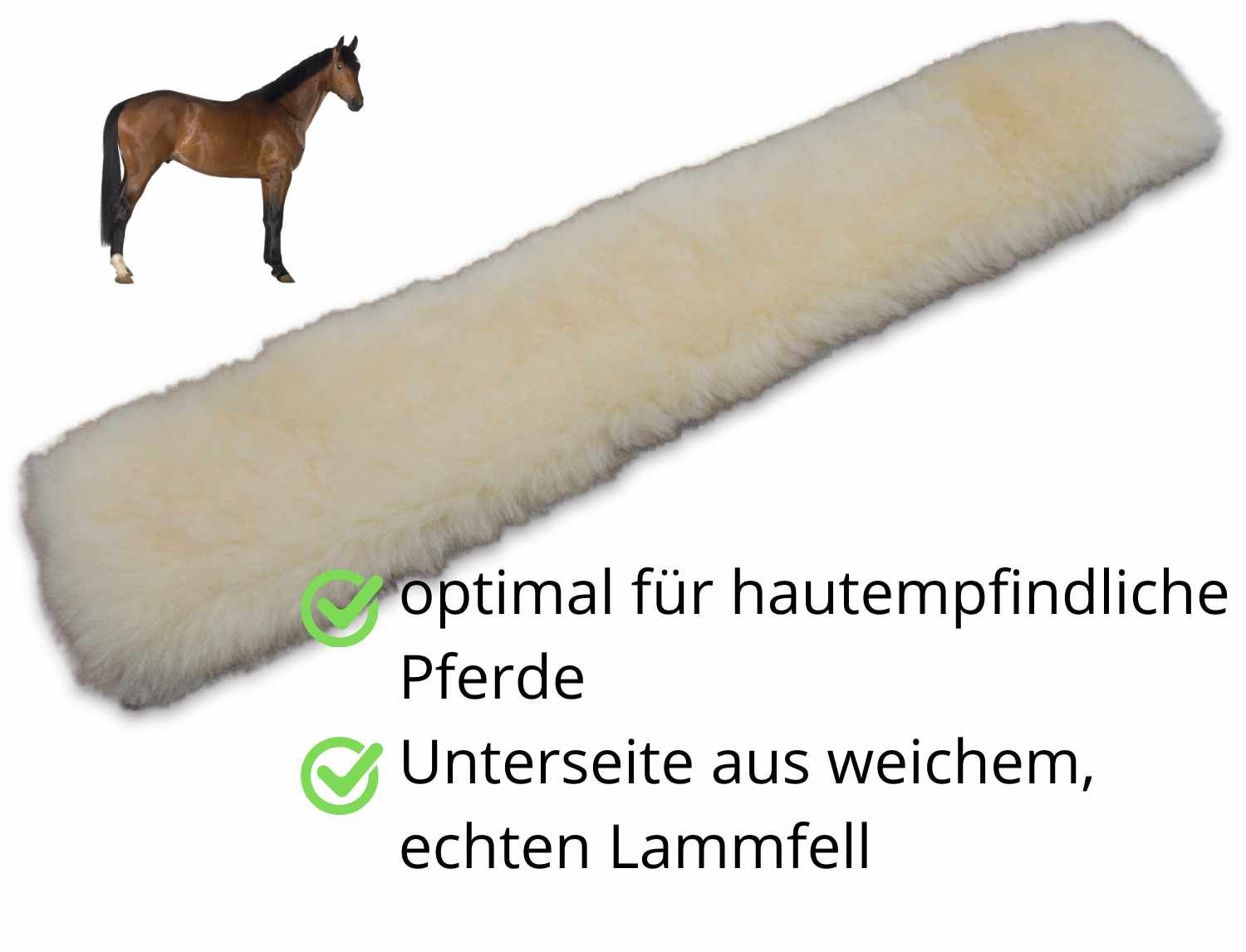 Lammfell Gurtschoner. Text: Optimal für pferde, Unterseite aus weichem Lammfell.