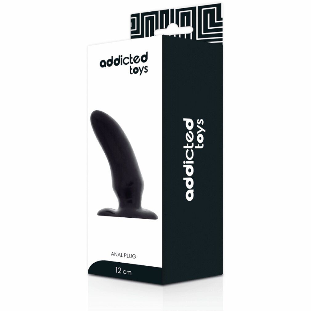 Verpackung mit schwarzem Analplug. Marke Addicted Toys. Text: ANAL PLUG, 12 cm.