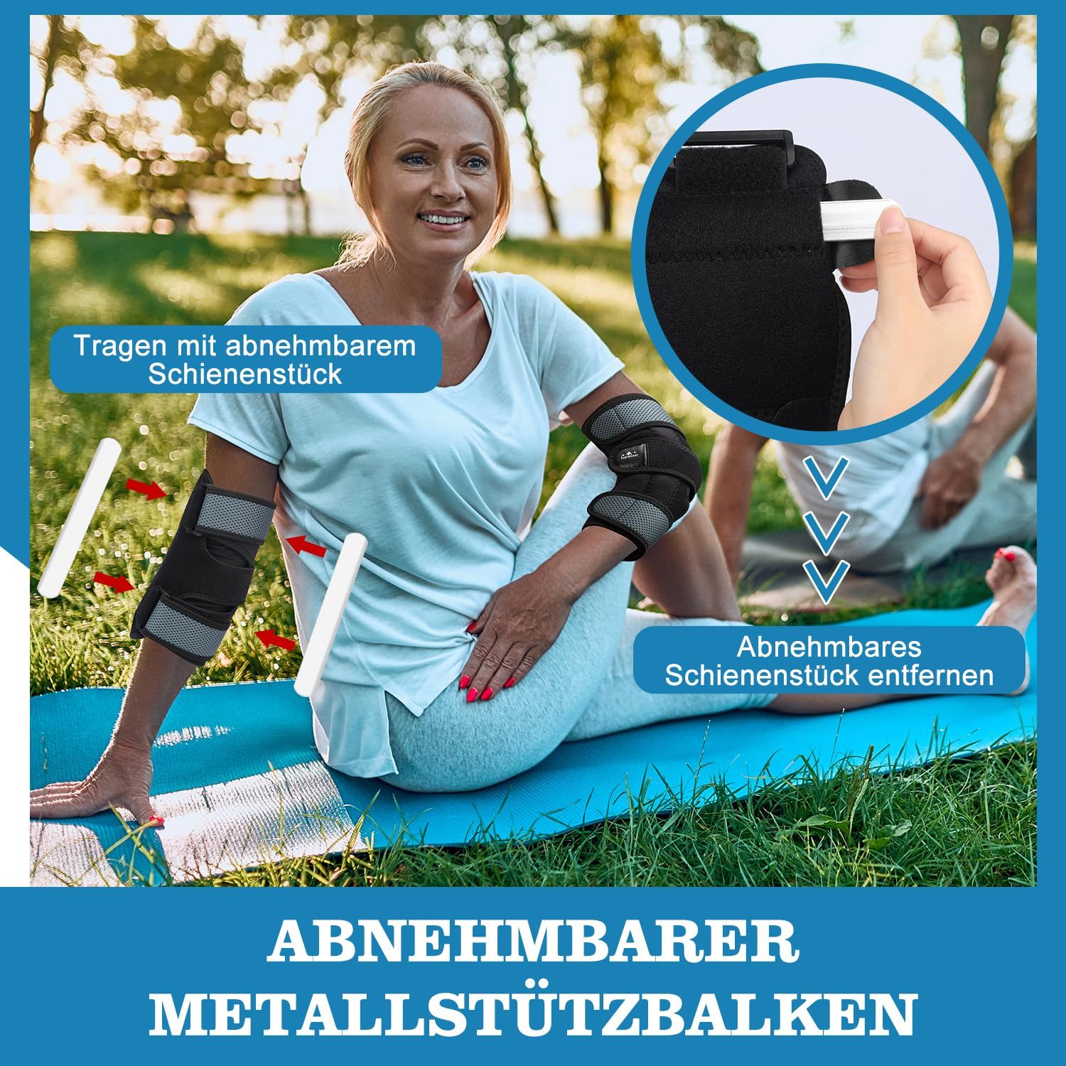 Schwarzer Ellenbogen-Stabilisator mit atmungsaktivem Material und Klettverschluss.