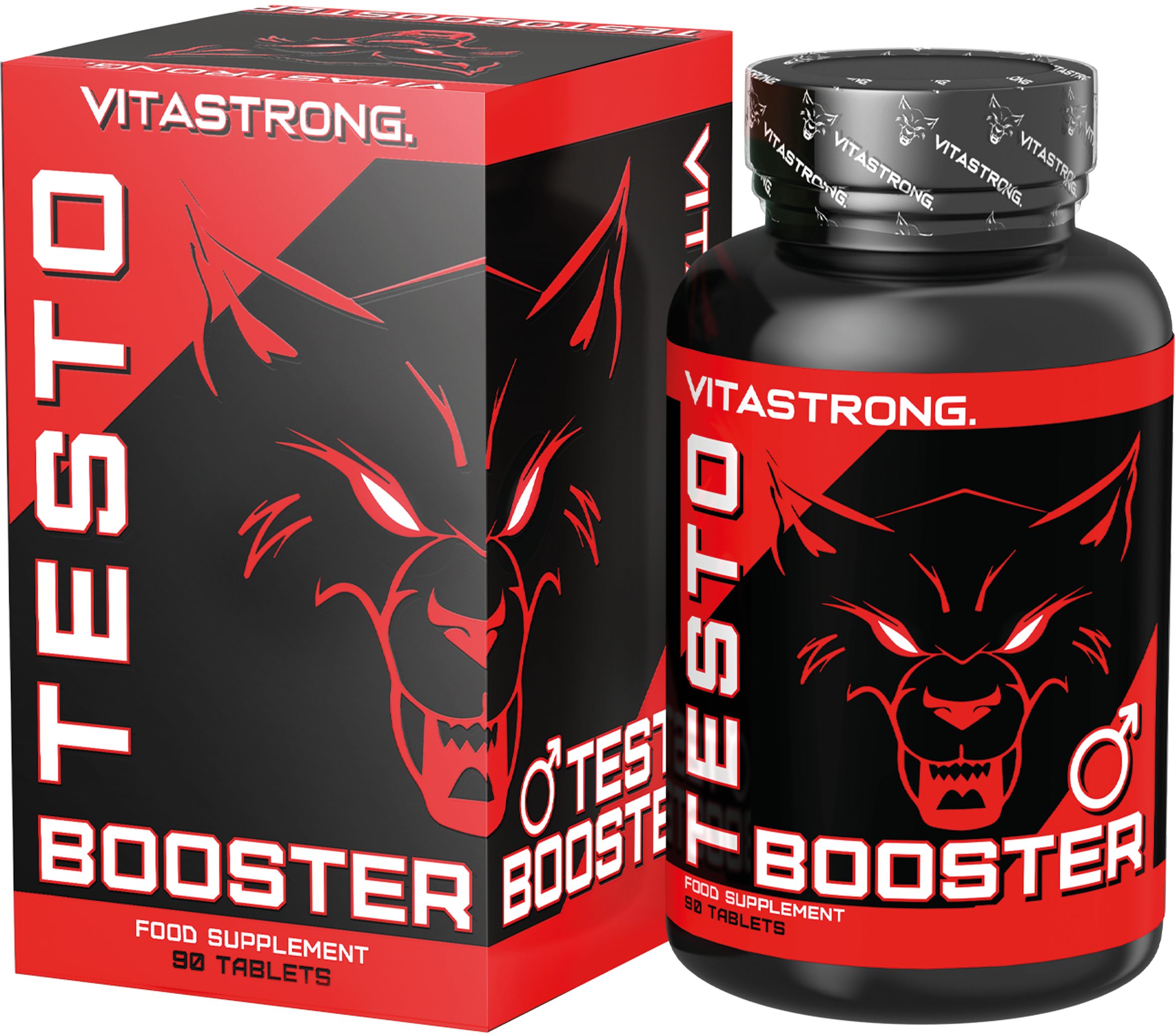 Vitastrong Testobooster Flasche und Kartonverpackung mit Wolfskopf-Design.