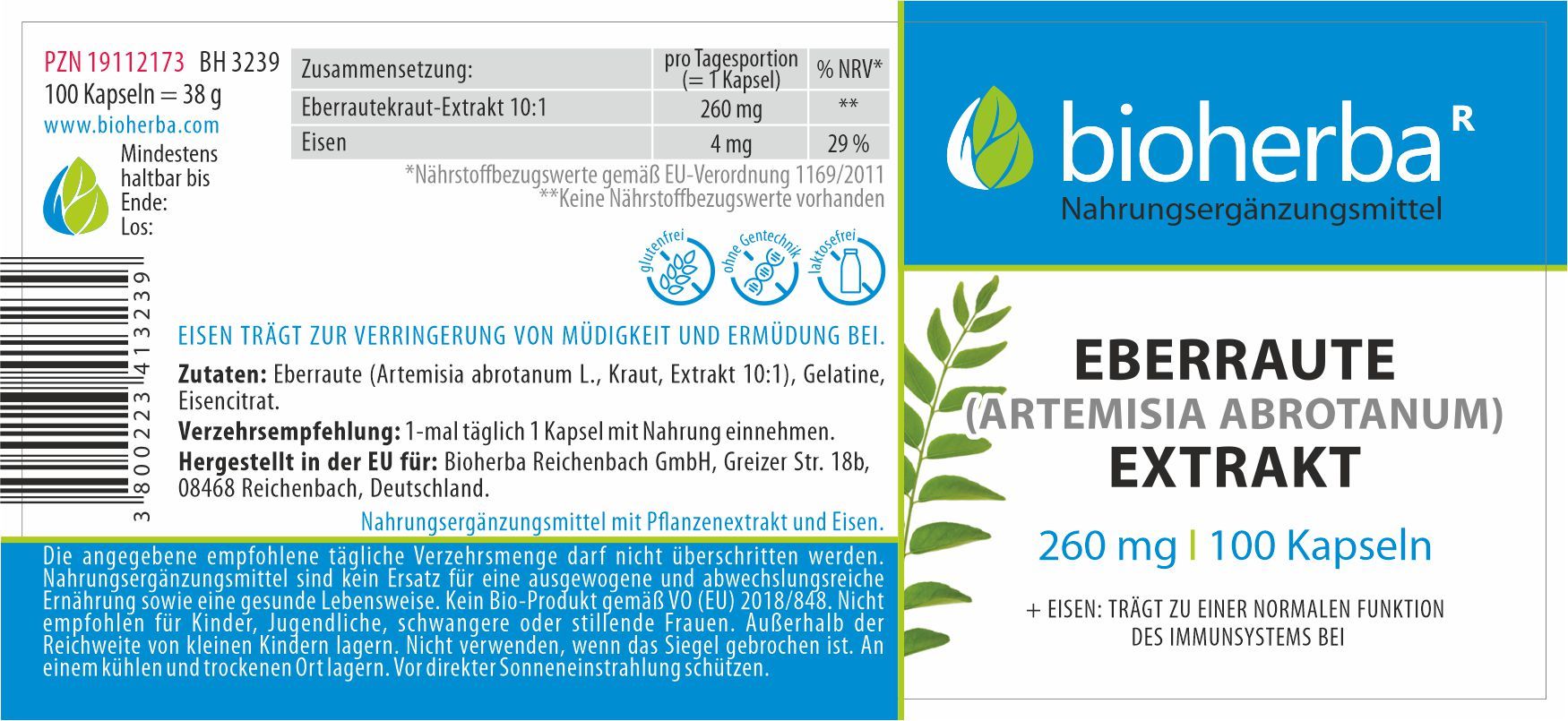 Etikett mit Produktinformationen. Enthält Eberraute Extrakt, 260 mg, 100 Kapseln. Marke: Bioherba. Text in Deutsch.