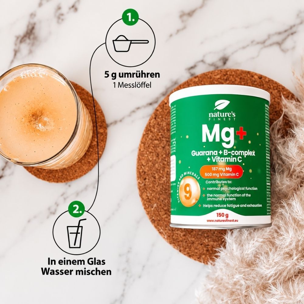 Dose mit Magnesium, Guarana, B-Komplex, Vitamin C. Anleitung: 1 Messlöffel in Wasser mischen.