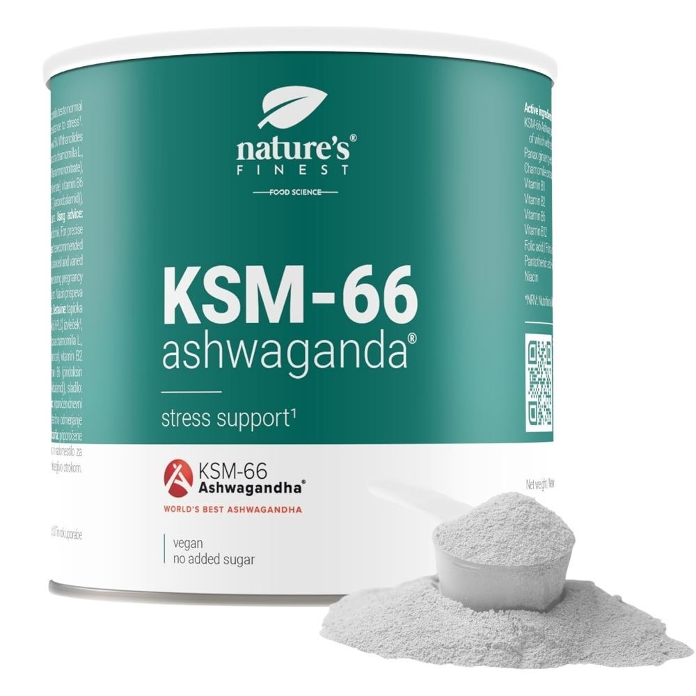 Nature's Finest KSM-66 Ashwagandha Dose mit Messlöffel und Pulver.