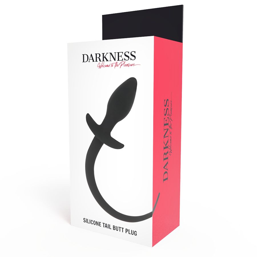 Verpackung mit schwarzem Silikon-Analdilatator. Aufschrift: "DARKNESS". Text: "SILICONE TAIL BUTT PLUG".