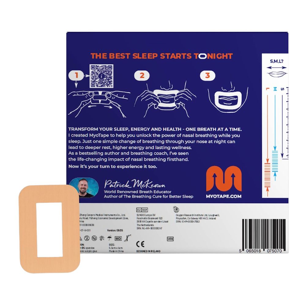 Myotape Kinder Sensitiv Packung mit einem hautfarbenen Mundpflaster und Anwendungshinweisen.