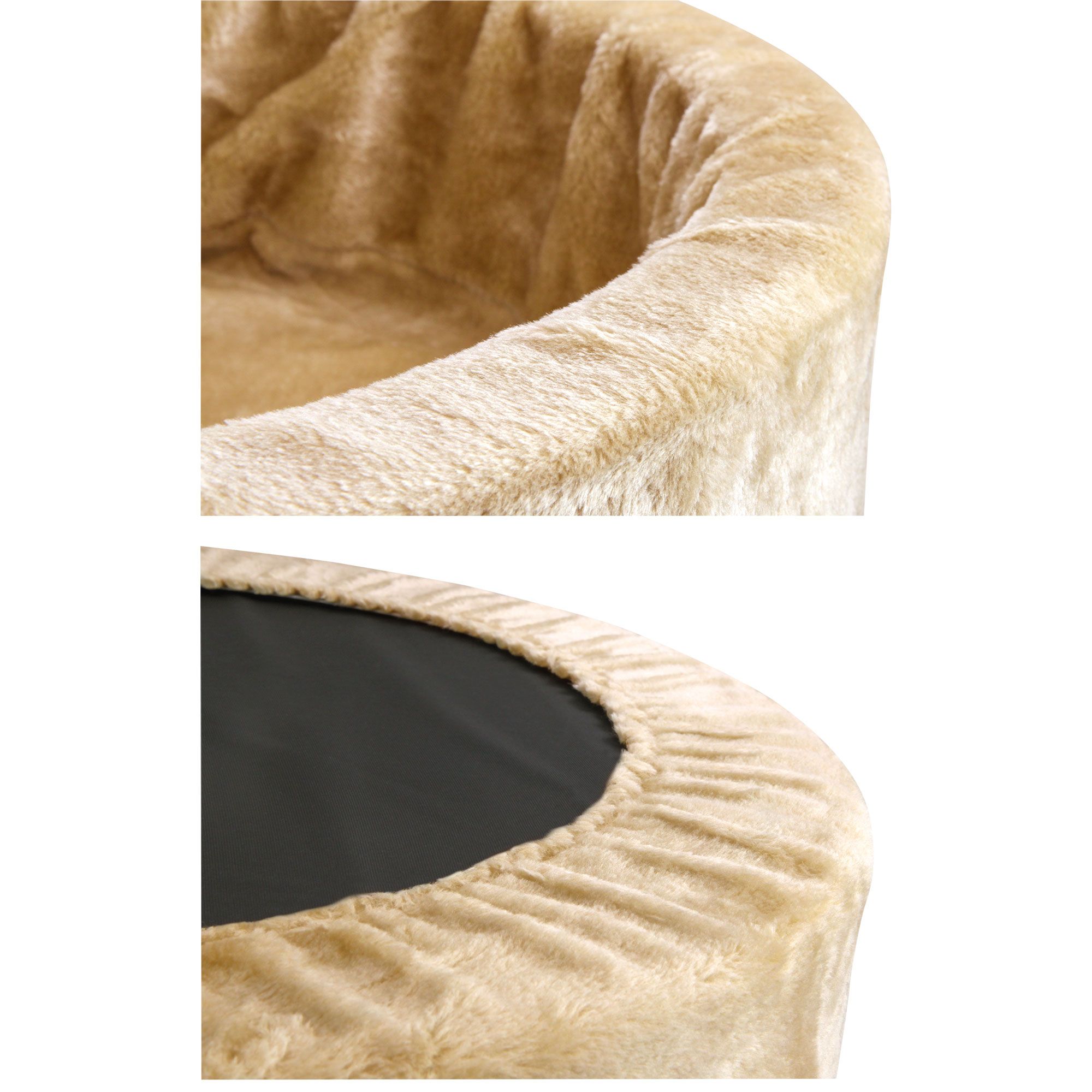 Nahaufnahme: Oberteil des Hundebetts mit flauschiger Oberfläche und Unterteil mit schwarzem Boden. Detailansicht der Materialien.