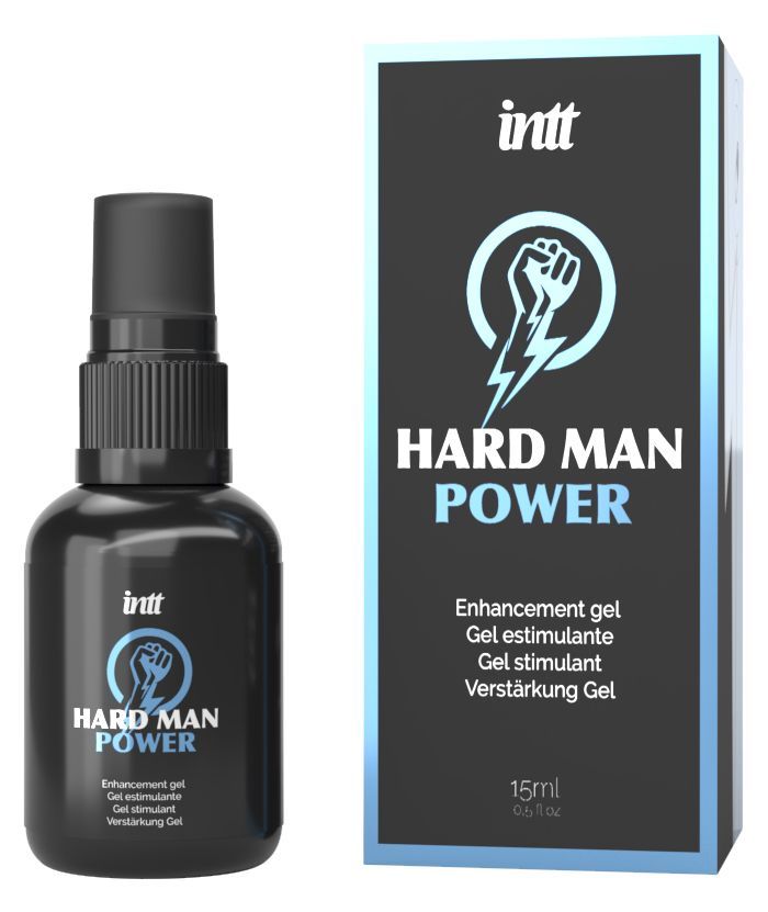 Schwarze Sprühflasche mit 'Hard Man Power' Aufschrift und Faust-Symbol.