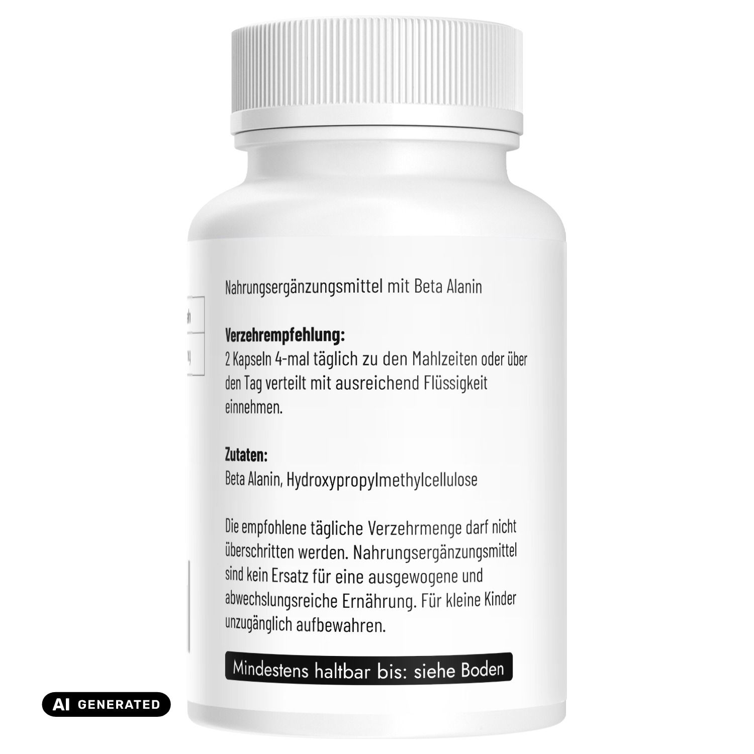 Rückseite einer Dose Beta Alanin Kapseln. Verzehrempfehlung: 2 Kapseln 4-mal täglich.