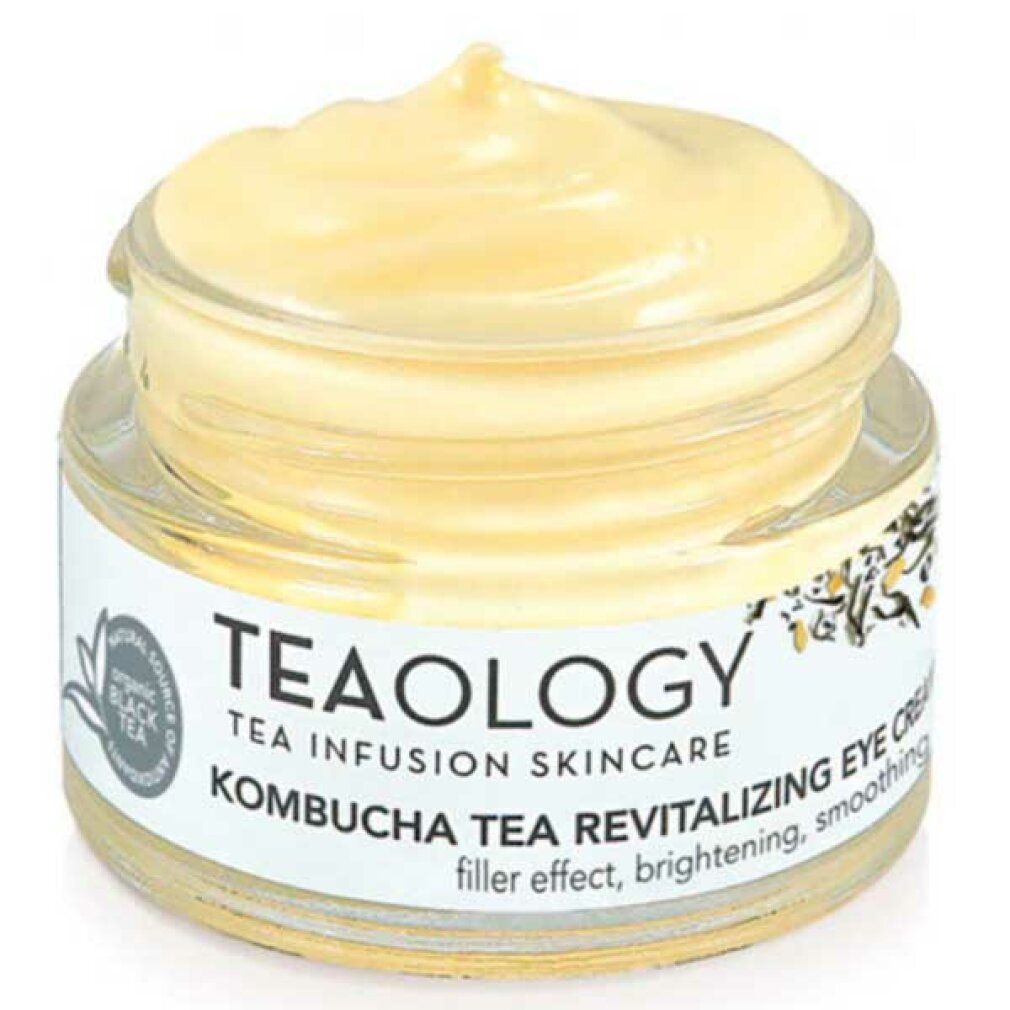 Glasbehälter mit gelblicher Creme. Auf dem Etikett steht "TEAOLOGY", "Kombucha Tea Revitalizing Eye Cream".