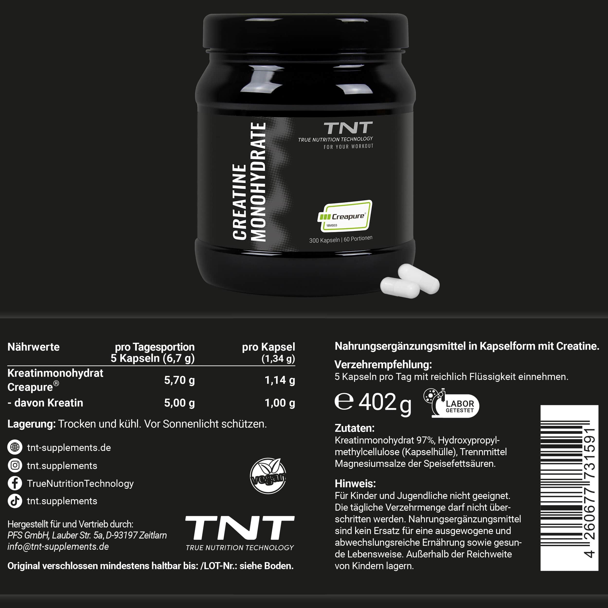 Dose mit Creatine Monohydrate und Nährwerttabelle. Text: 5 Kapseln pro Tag. Enthält 402g. Zutatenliste.