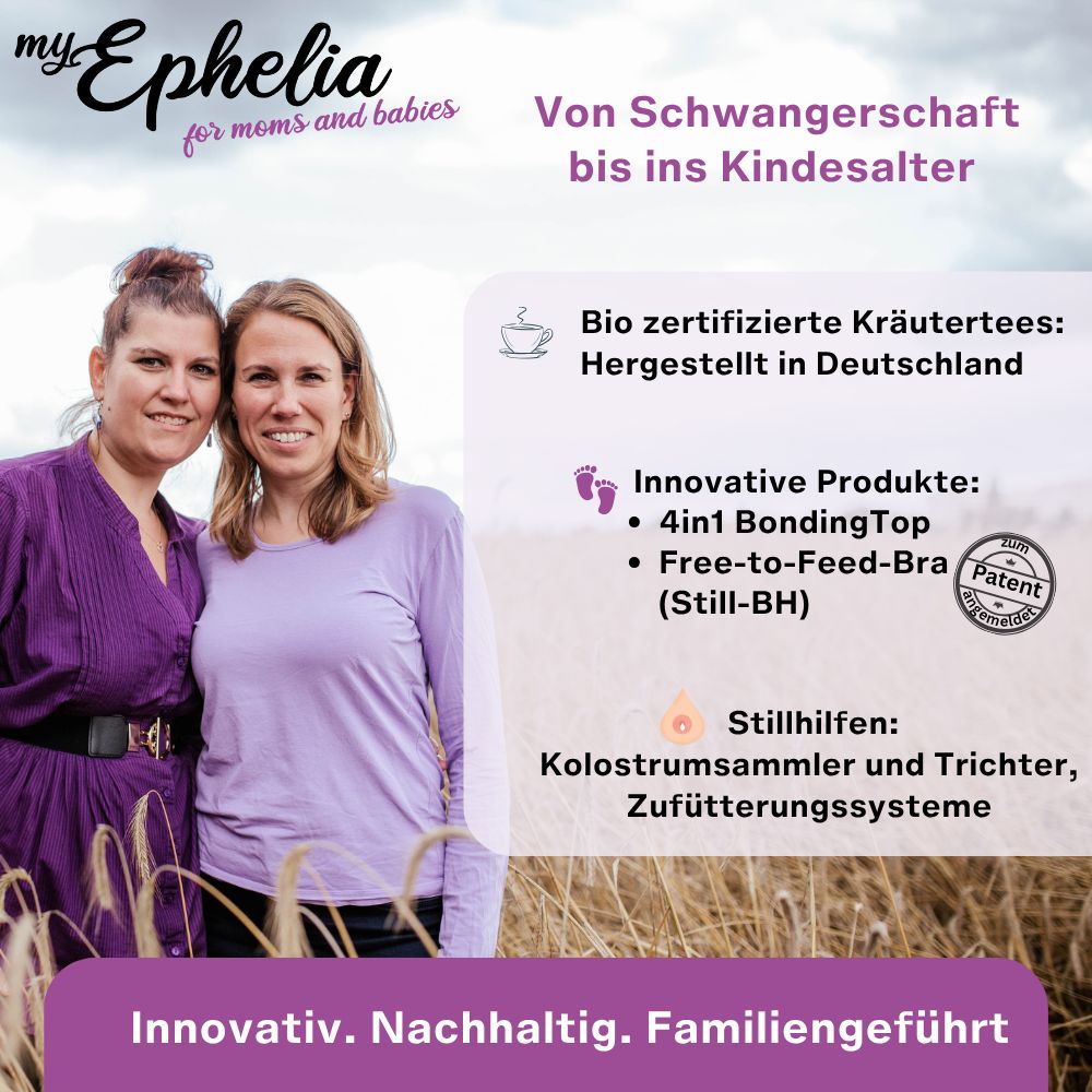 Zwei Frauen lächeln. Text: Von Schwangerschaft bis ins Kindesalter. Bio-zertifizierte Kräutertees, innovative Produkte, Stillhilfen. myEphelia Logo.