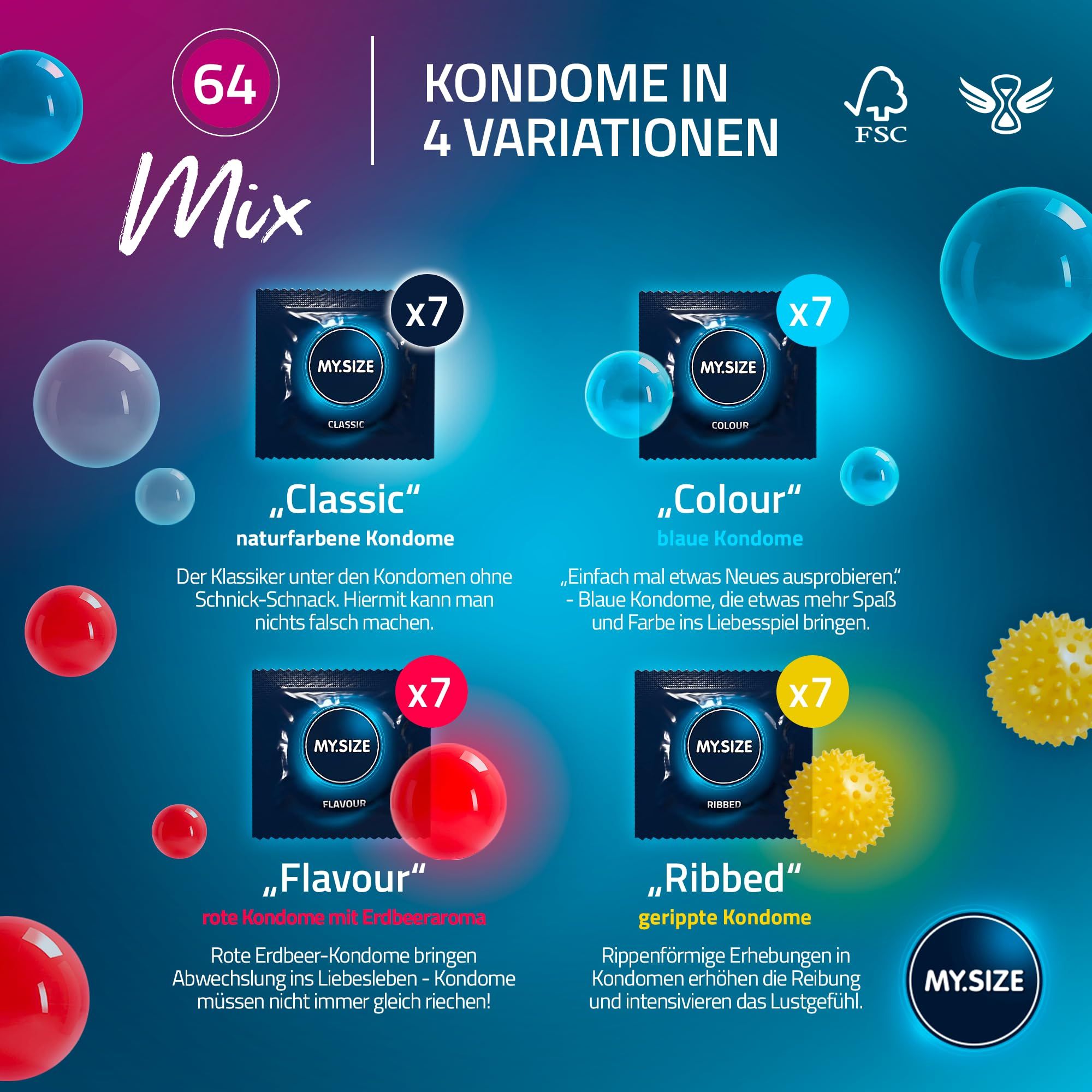 Verpackung mit 28 Kondomen, Größe 64 mm, Mix-Sortiment.