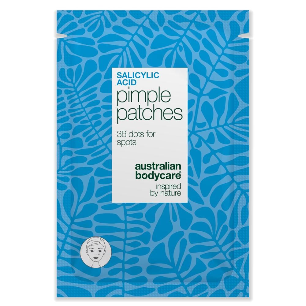 Blau-weiß verpackte Pimple Patches. Aufschrift: Salicylic Acid, Pimple Patches, 36 dots for spots, Australian Bodycare.