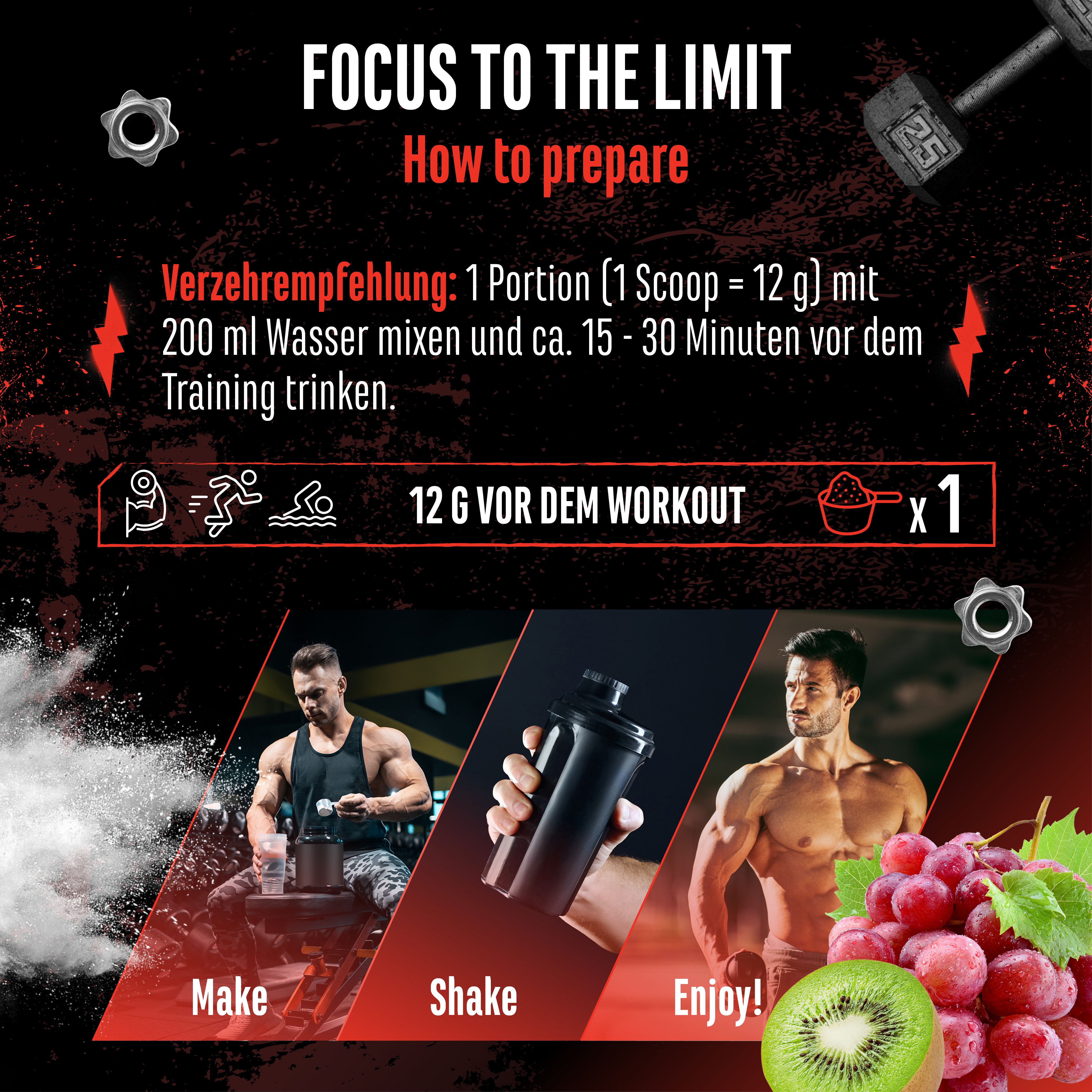 Anleitung zur Zubereitung. Text: "FOCUS TO THE LIMIT How to prepare". Schritte: Mischen, Schütteln, Genießen. Kiwi- und Traubenabbildung.