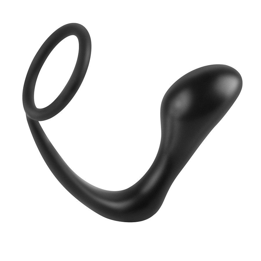 Schwarzer Penisring mit integriertem Analstimulator. Besteht aus einem Ring und einem gebogenen Teil.