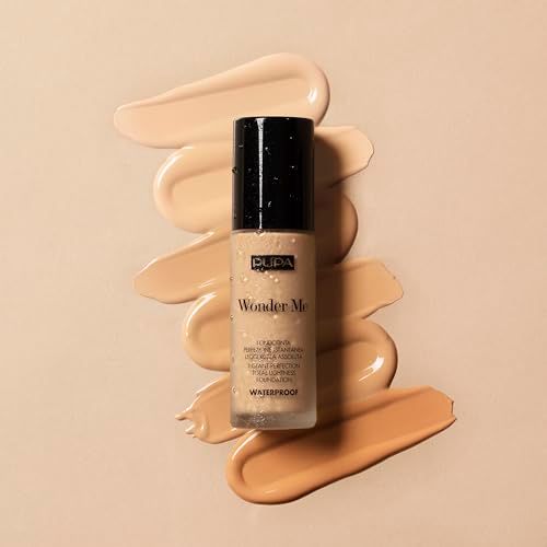 Pupa Wonder Me Foundation mit Farbmuster. Flasche mit schwarzem Deckel, umgeben von Farbtönen.