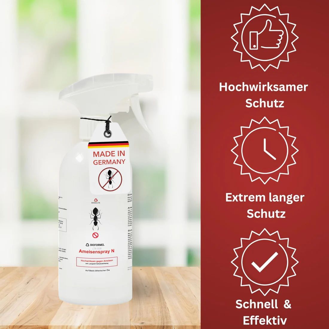 Weißes Sprühflasche mit Etikett 'Made in Germany'. Text: Ameisenspray N. Aufschrift: Hochwirksamer Schutz, Extrem langer Schutz, Schnell & Effektiv.