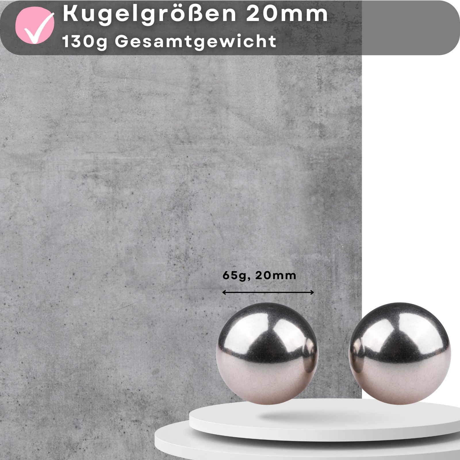Zwei metallische Kugeln auf Podest. Text: Kugelgrößen 20mm, 130g Gesamtgewicht. Maße: 65g, 20mm.