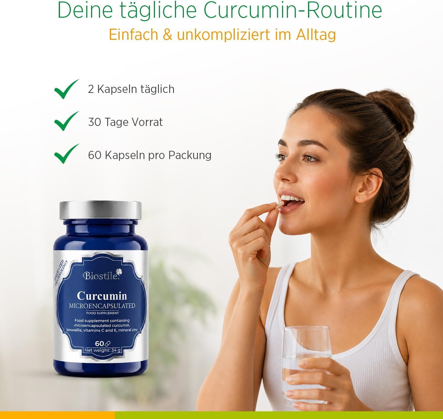 Frau nimmt Biostile Curcumin Kapsel mit Wasser ein.