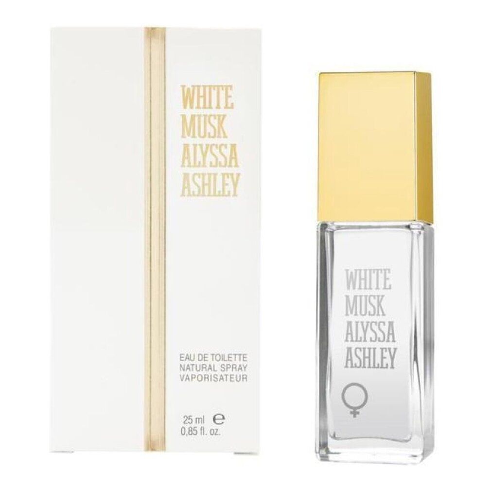 Weißer Flakon mit goldfarbenem Deckel und Karton. Aufschrift: White Musk Alyssa Ashley. 25 ml.