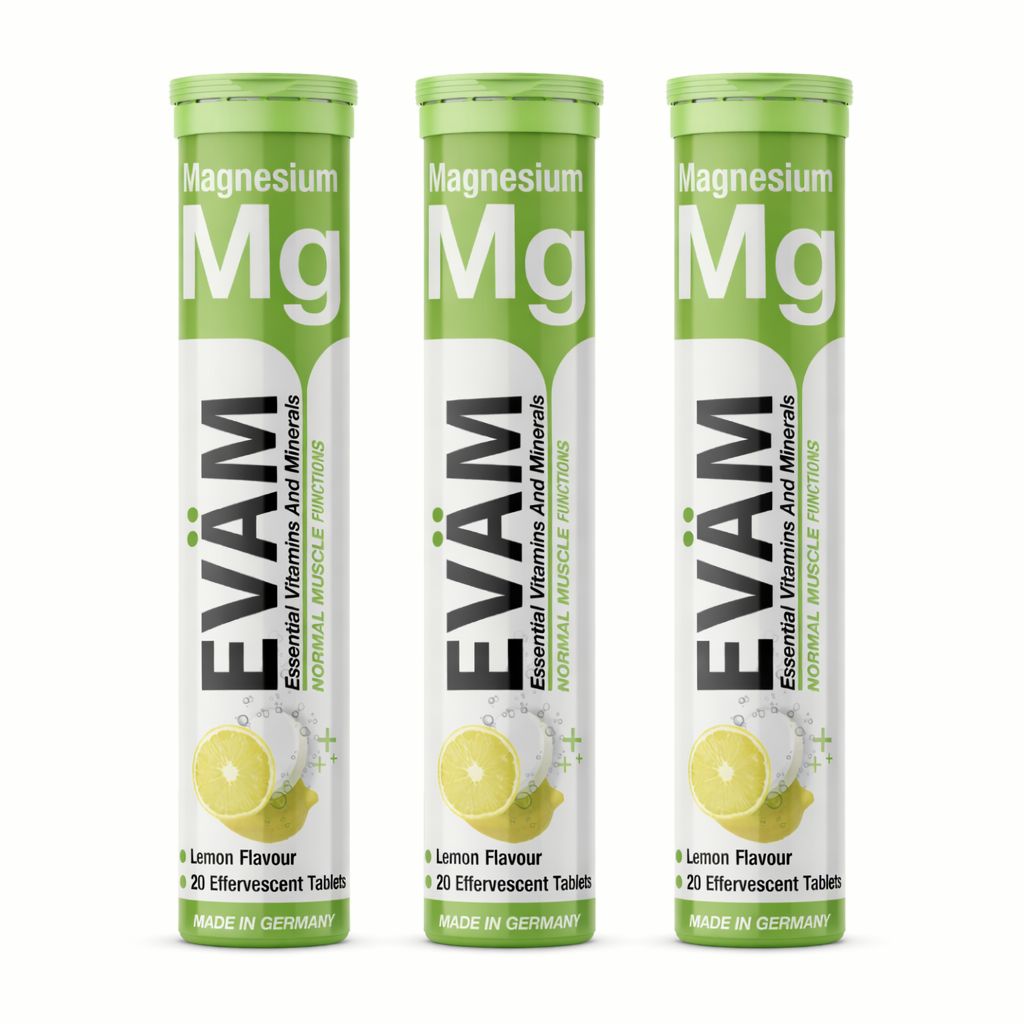 Drei zylinderförmige Verpackungen von EVÄM Magnesium Brausetabletten. Mit Zitronen-Abbildung und Produktnamen.