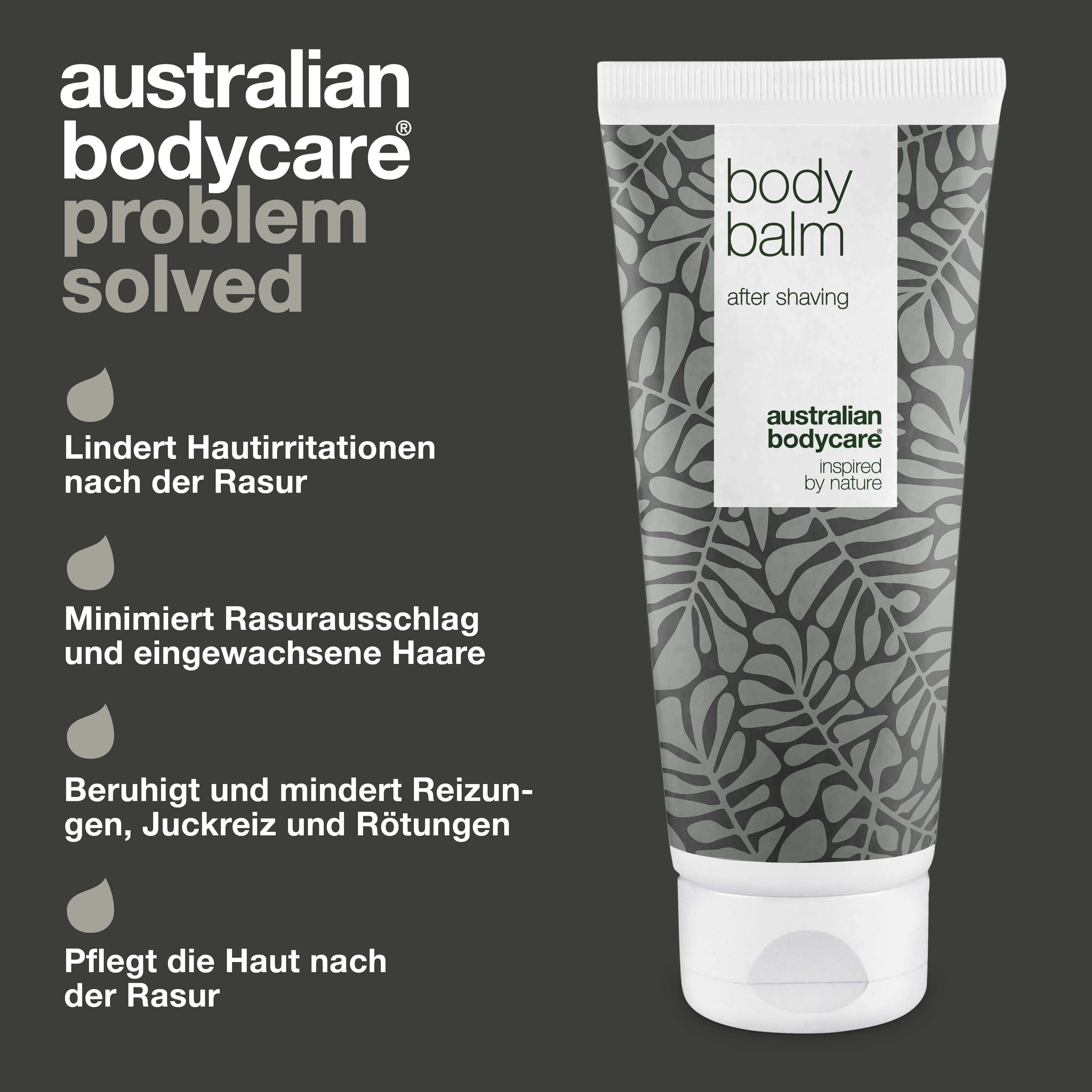 Tube After Shave Balsam mit Text. Aufschrift: Body Balm, After Shaving, Australian Bodycare, inspiriert von Natur.