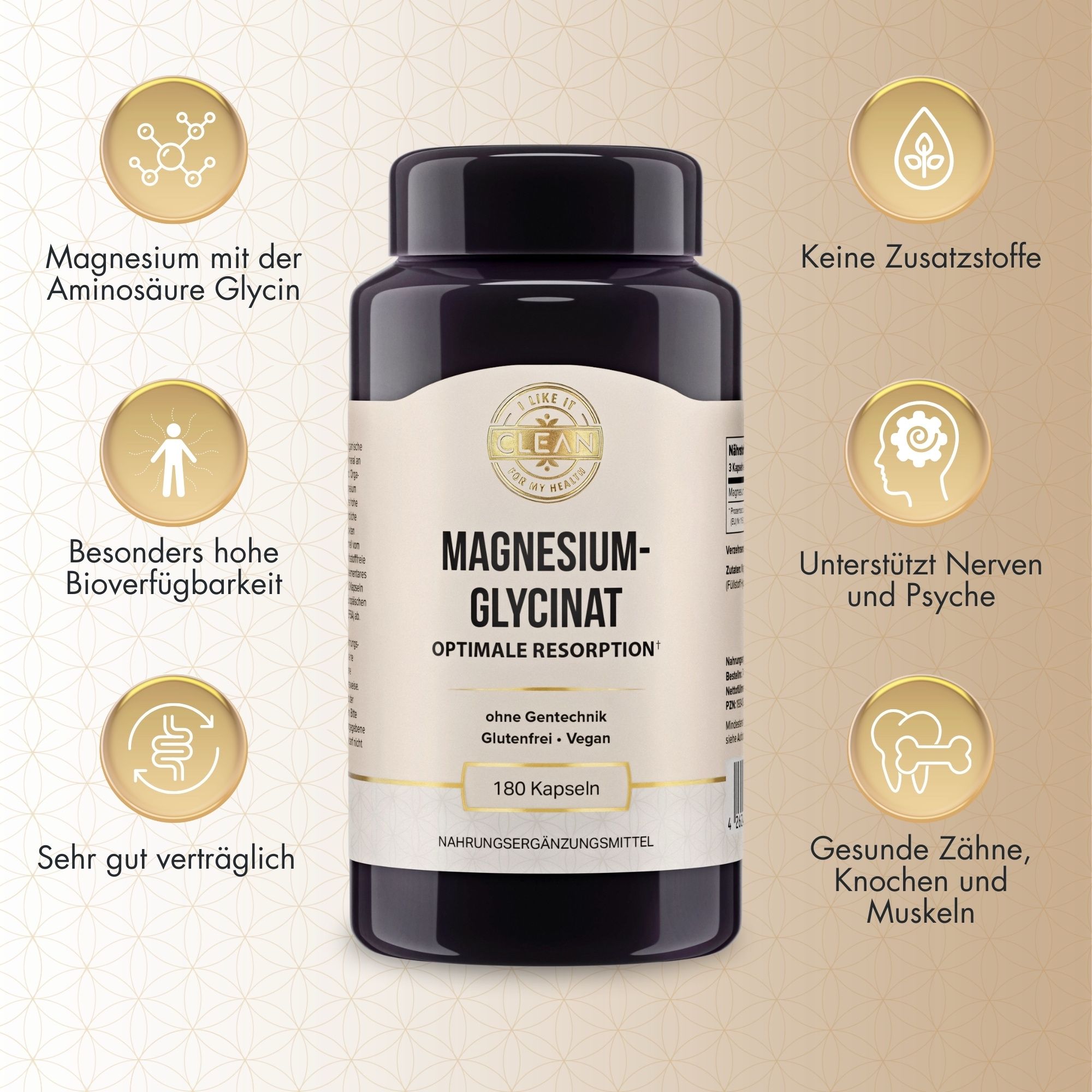 Dunkle Flasche mit Kapseln. Aufschrift: Magnesiumglycinat, 180 Kapseln, vegan, glutenfrei, ohne Gentechnik. Vorteile: hohe Bioverfügbarkeit.