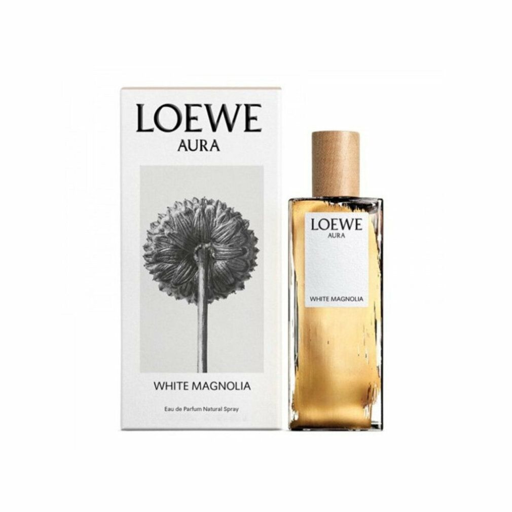 Loewe Aura White Magnolia Eau de Parfum Flakon und Verpackung. Rechteckiger Flakon mit Holzverschluss. Verpackung mit Logo und Produktnamen.