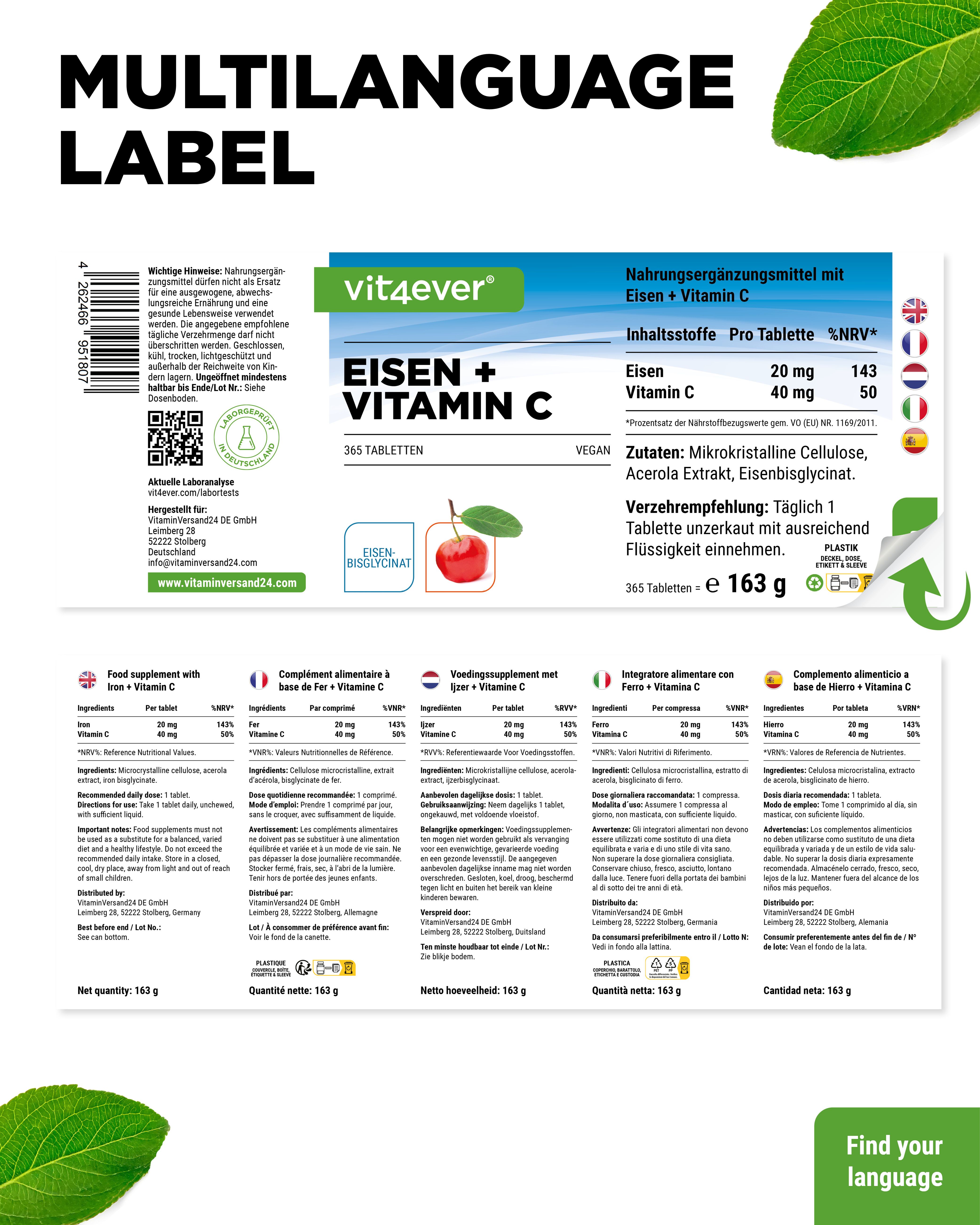 Etikett mit "vit4ever EISEN + VITAMIN C", Nährwertangaben, mehrsprachig. QR-Code, Text: "Find your language".