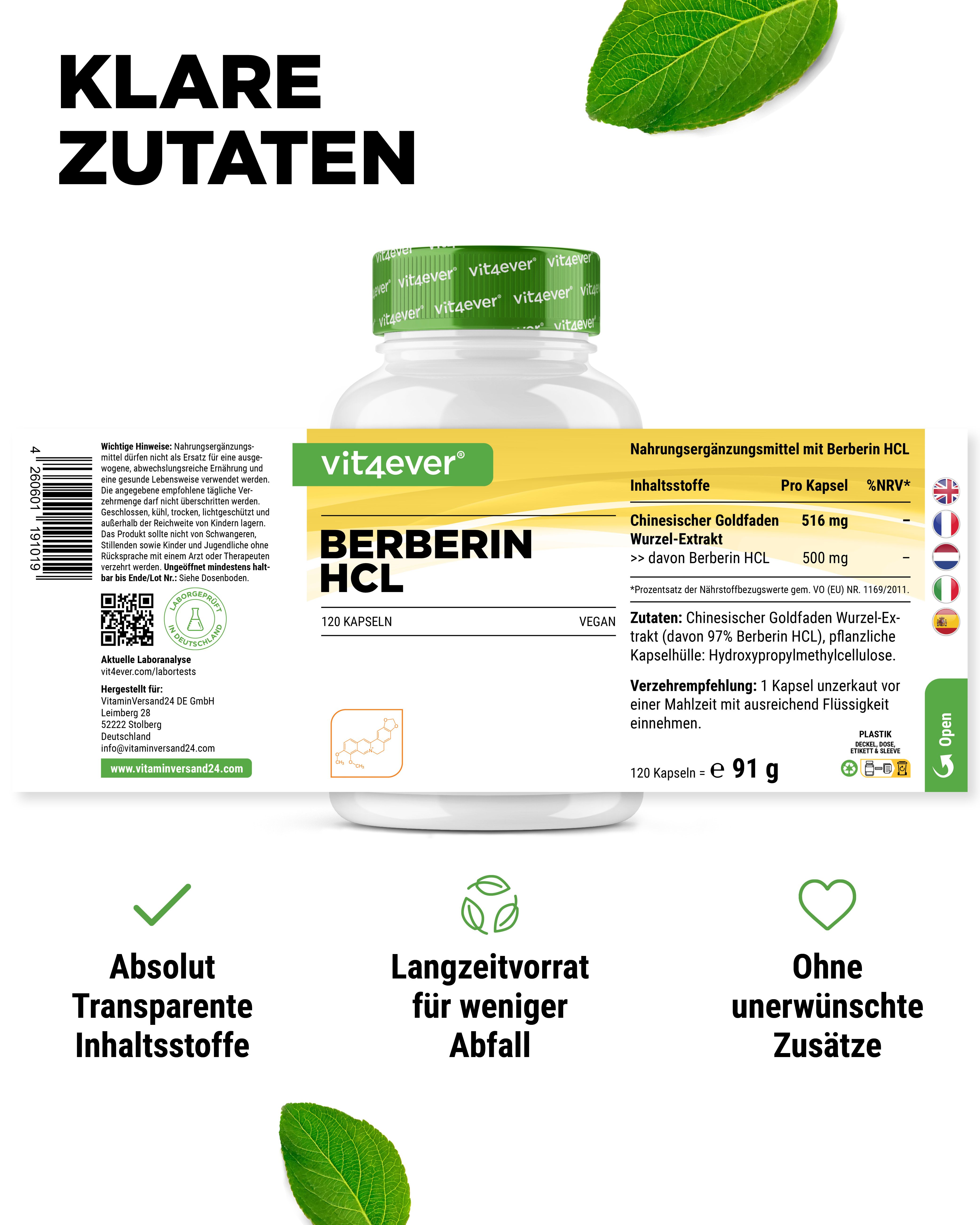Produktflasche mit Etikett. Aufschrift: vit4ever Berberin HCL, 120 Kapseln. Nährwertangaben. Text: Absolut transparente Inhaltsstoffe.