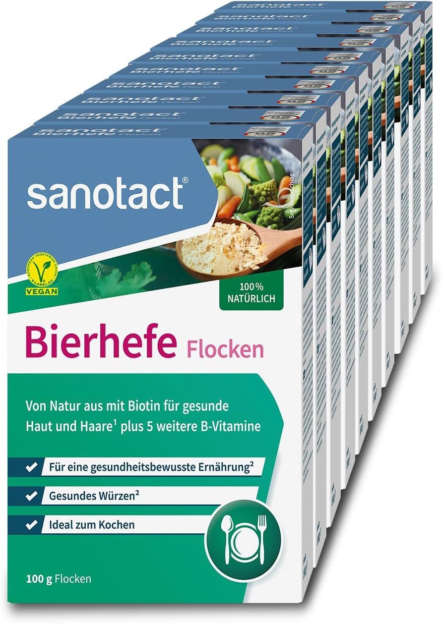Mehrere Packungen Bierhefe Flocken. Sanotact-Logo. Vegan-Siegel. Text: Bierhefe Flocken, 100% natürlich, mit B-Vitaminen. 100 g Flocken.