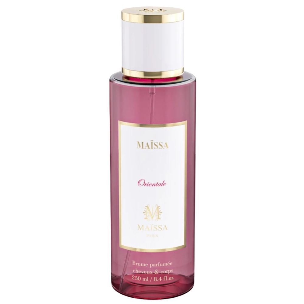 Rosafarbene Flasche mit weißem Etikett. Aufschrift: MAÏSSA, Orientale. Goldfarbener Deckel. Produktname und Marke sichtbar.
