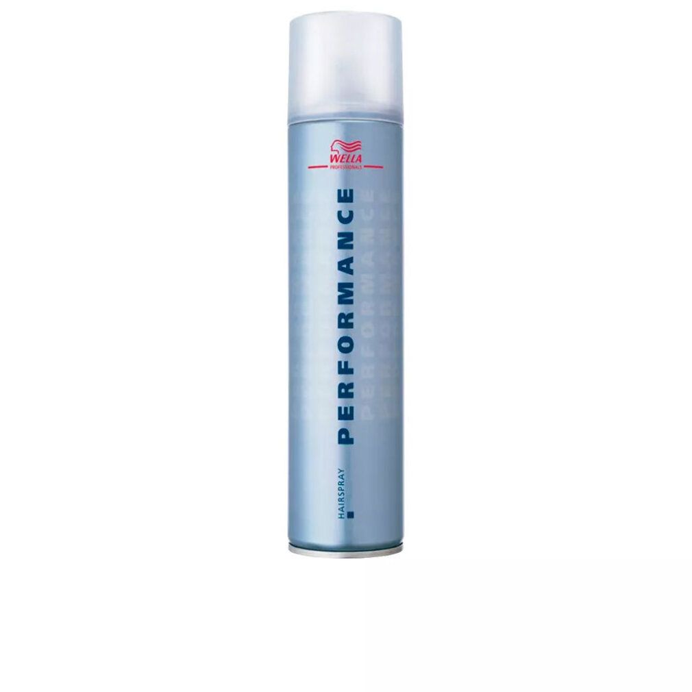 Haarspray-Dose mit weißem Deckel. Aufschrift "PERFORMANCE" und Logo. Blaue Dose mit silbernem Boden.