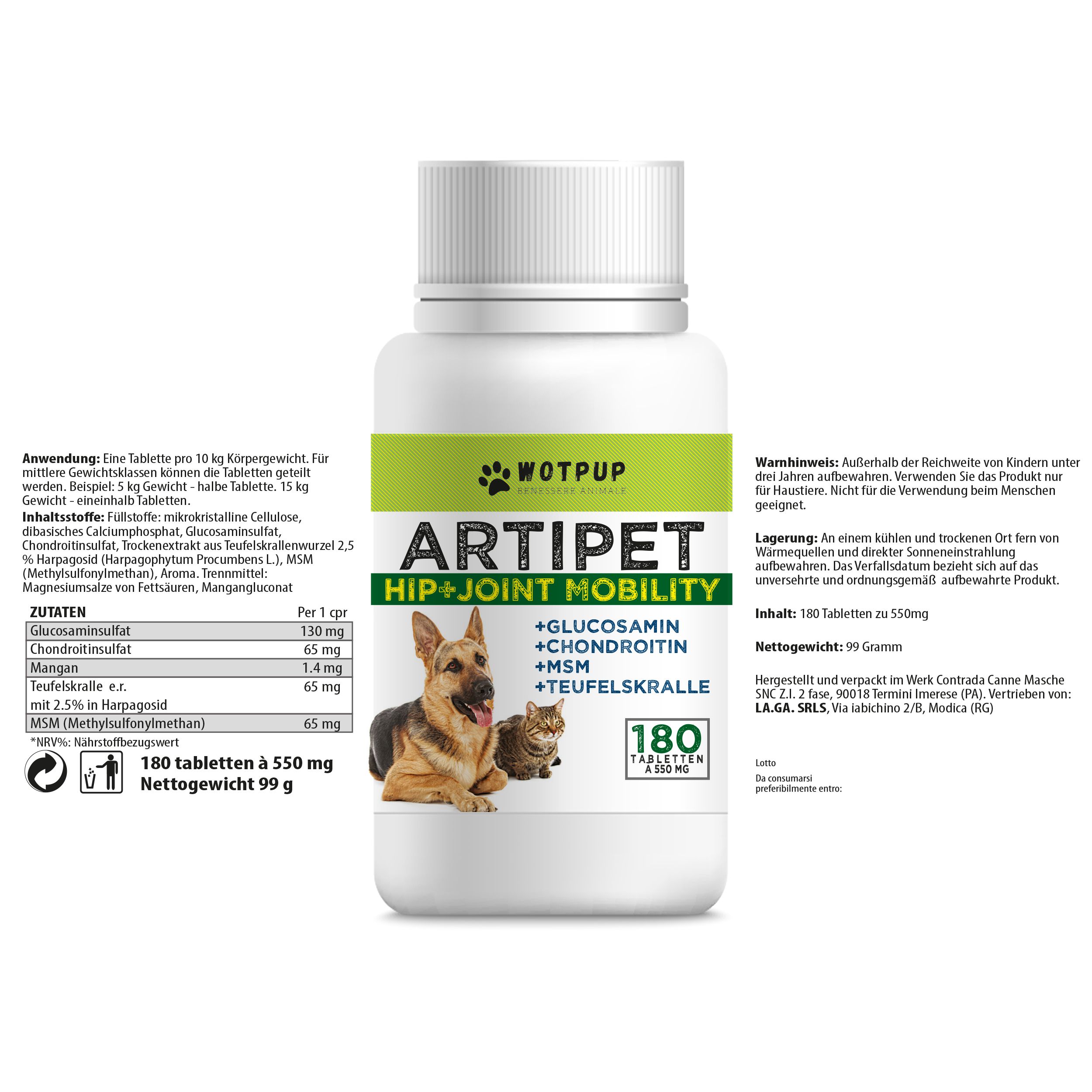 Weiße Flasche mit Artipet-Etikett. Enthält 180 Tabletten. Inhaltsstoffe und Anwendungshinweise auf der Rückseite.