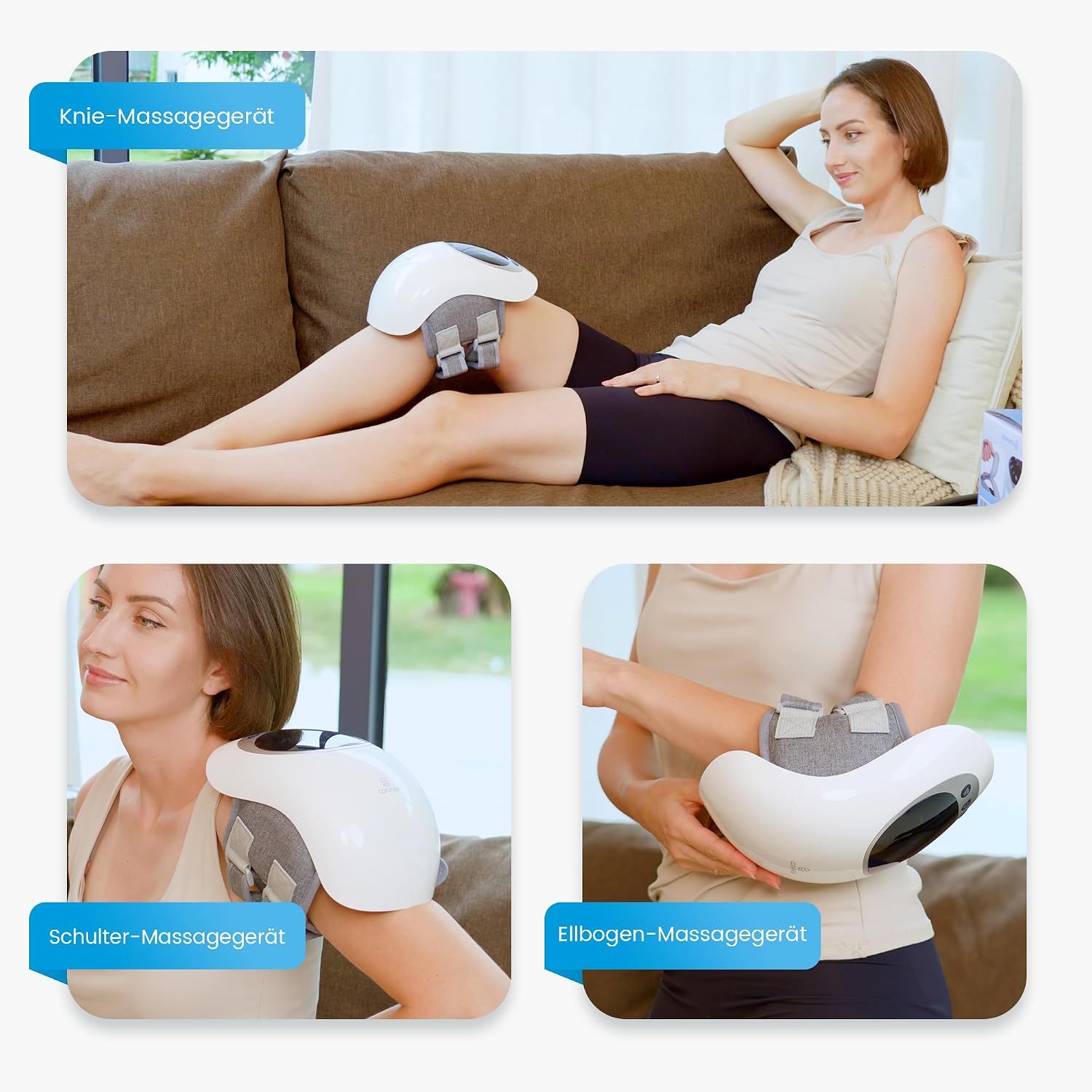 Knie-, Schulter- und Ellbogenmassagegerät mit Klettverschlüssen und Heizelementen.