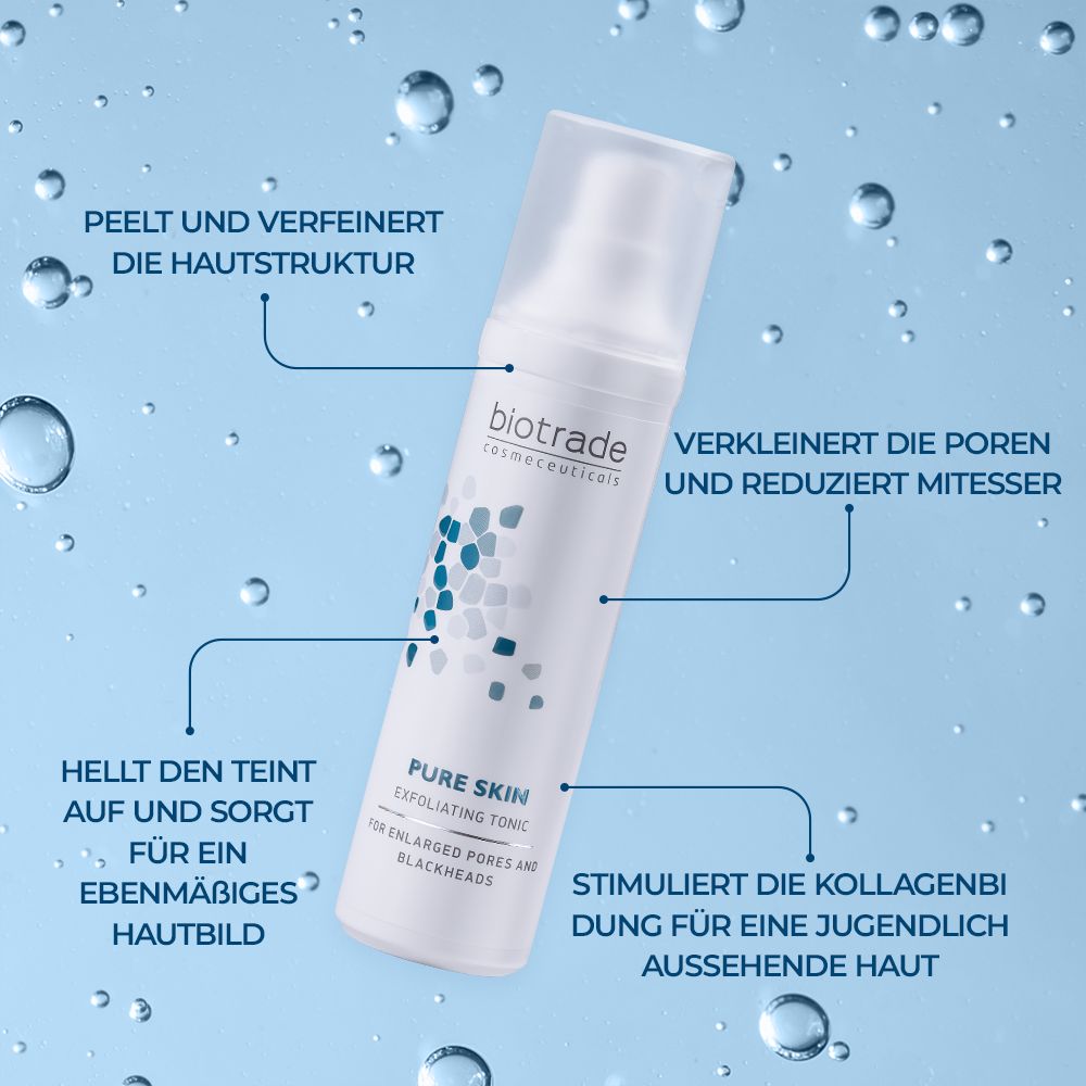 Weißes Flaschenspray, Produktname: Pure Skin Exfoliating Tonic. Text: Peelt, verfeinert, hellt auf, reduziert Mitesser, verkleinert Poren.