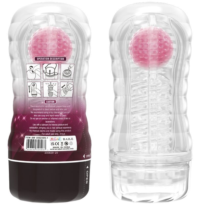 Vakuum-Cup-Masturbator. Transparentes Gehäuse, pinkfarbene Kugel, schwarzer Boden. Rückseite mit Text und Symbolen.