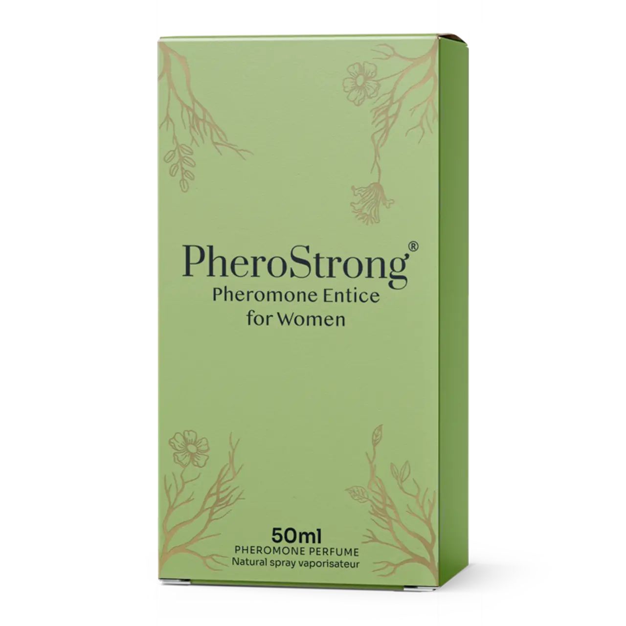 Grüne rechteckige Verpackung mit Aufschrift: PheroStrong Pheromone Entice für Frauen, 50ml. Dekorative goldene Pflanzenmotive.