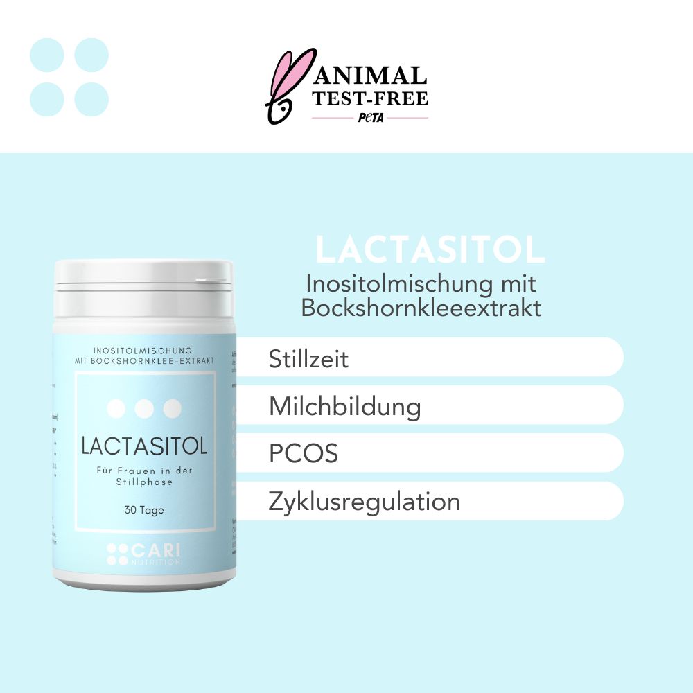 LACTASITOL Dose mit Inositolmischung und Bockshornkleeextrakt für Stillzeit, Milchbildung, PCOS, Zyklusregulation. PETA zertifiziert.