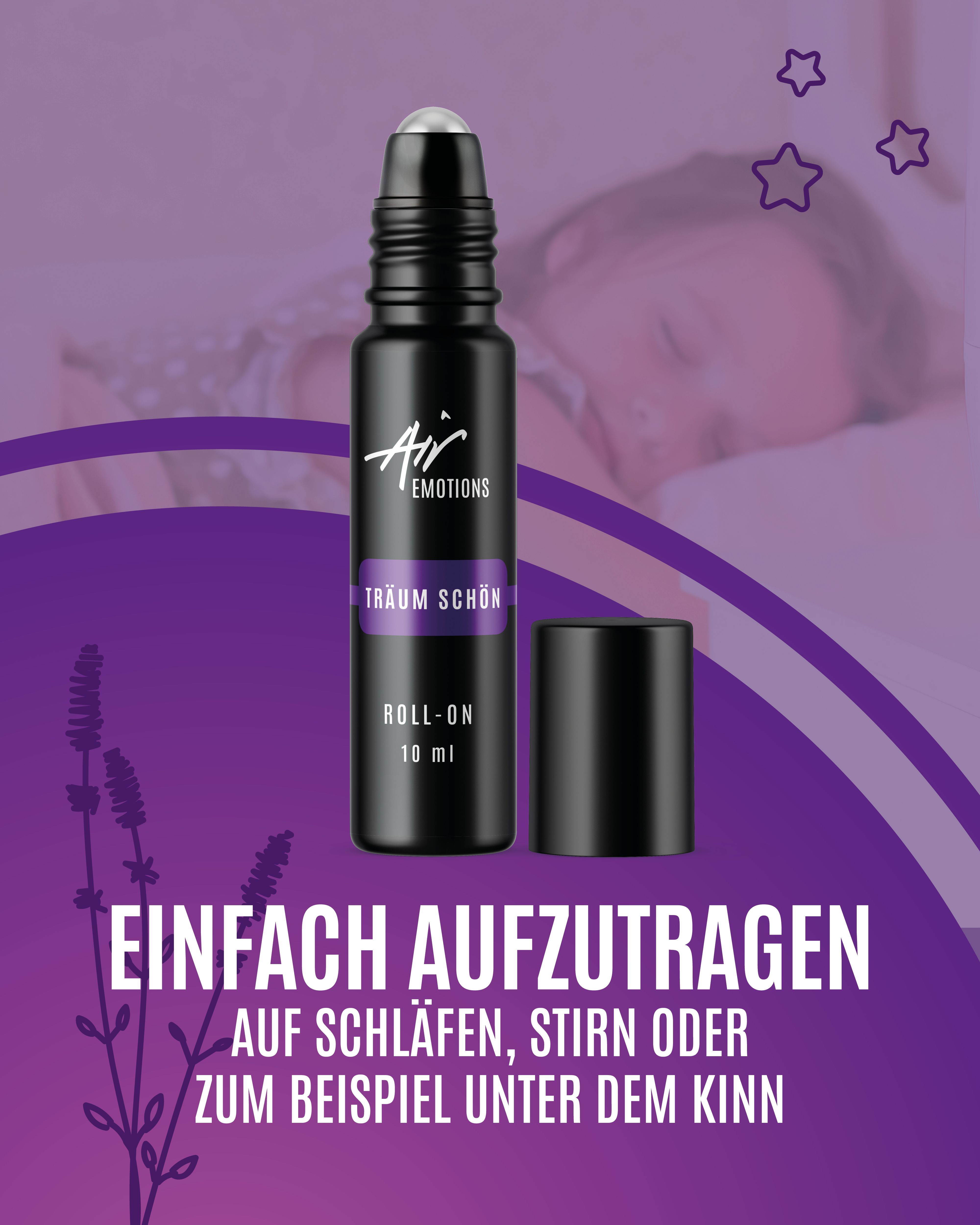Schwarze Roll-On-Flasche mit Deckel. Aufschrift: Träum schön, Roll-On, 10 ml. Text: Einfach auf Schläfen, Stirn oder unter dem Kinn auftragen.