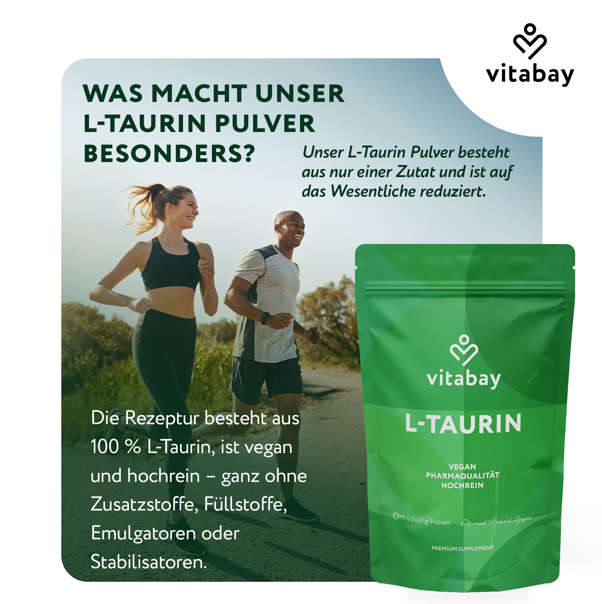 Beine einer Person beim Laufen im Freien. Vitabay L-Taurin Pulver für die tägliche Routine.