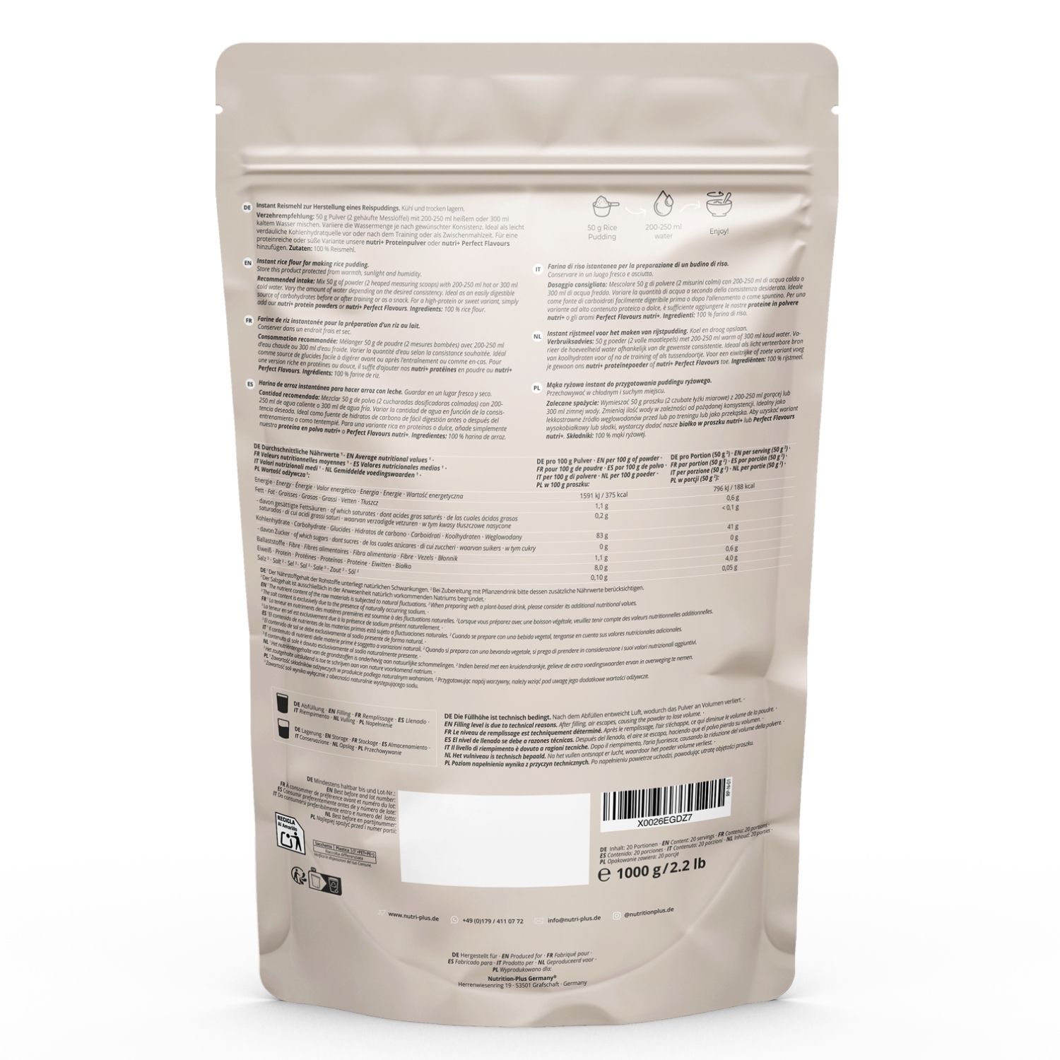 Rückseite des Beutels mit Text und Nährwertangaben. Aufschrift: nutri+ Reispudding. Barcode und Gewicht: 1000 g / 2.2 lb.