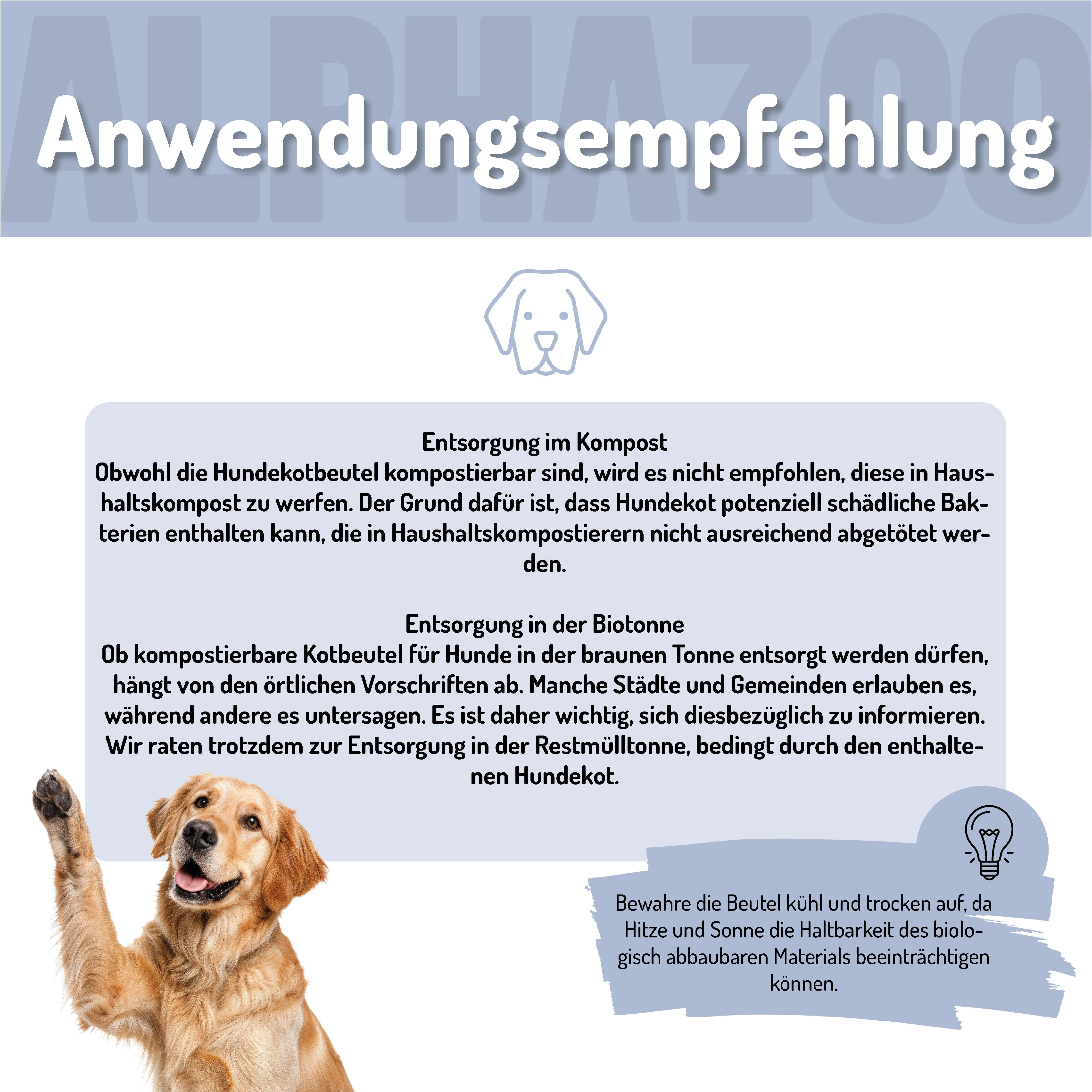 Goldener Retriever mit Pfote. Text: Entsorgung im Kompost, Entsorgung in der Biotonne. Hinweis: Beutel kühl und trocken lagern. Hintergrund: hellblau.