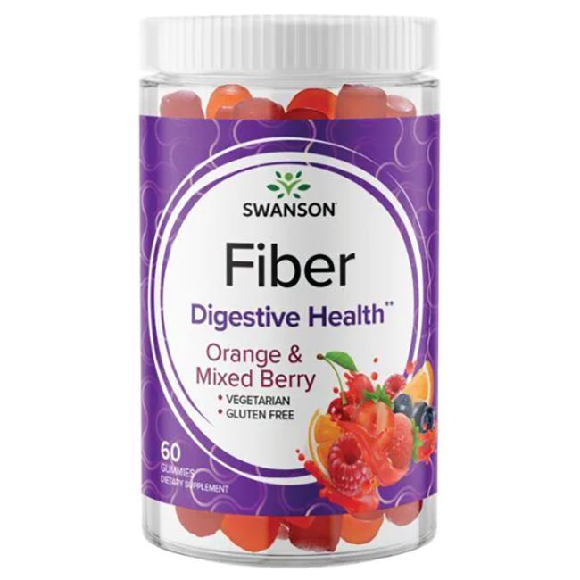 Klare Dose mit SWANSON Fiber Gummies. Orange & gemischte Beeren. 60 Gummies. Vegetarisch und glutenfrei.