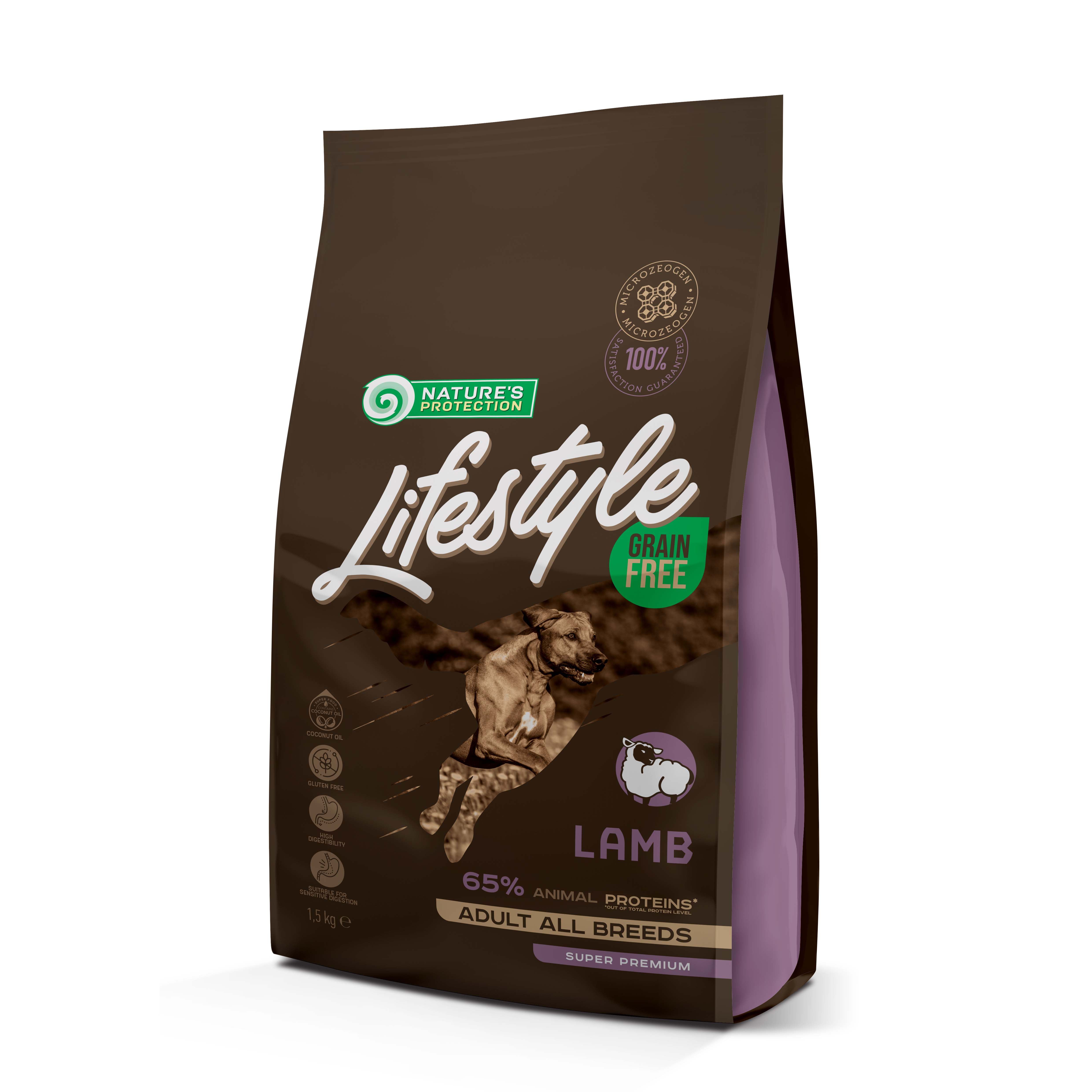 Braune Tüte mit Aufschrift Lifestyle Grain Free. Enthält Lamm. Text: 65% tierisches Protein, Adult All Breeds, Super Premium. 12 kg.