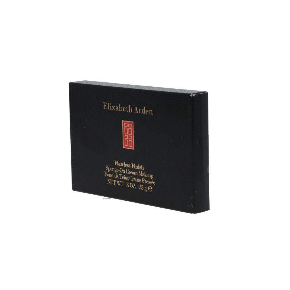 Schwarze Make-up-Verpackung mit Produktnamen und Logo. Text: Flawless Finish Sponge-on Creme Make-up. Nettoinhalt: 8 oz. 23 g.