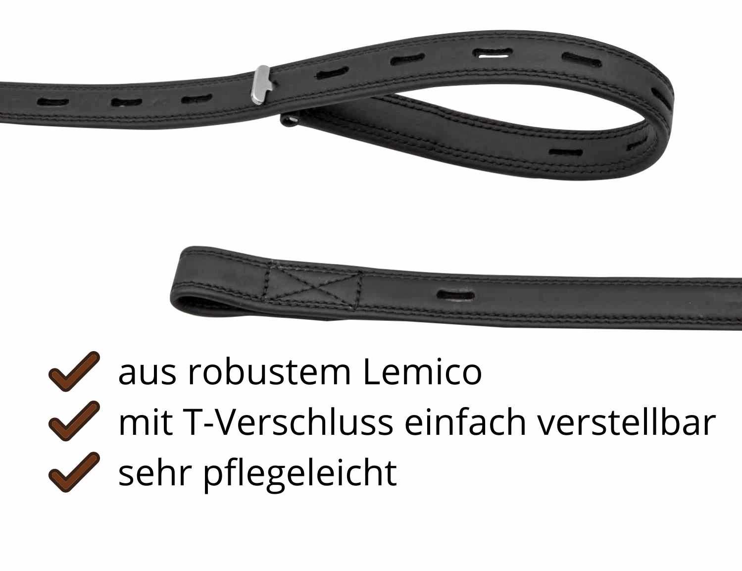 Schwarze Steigbügelriemen mit T-Verschluss. Text: aus robustem Lemico, mit T-Verschluss einfach verstellbar, sehr pflegeleicht.