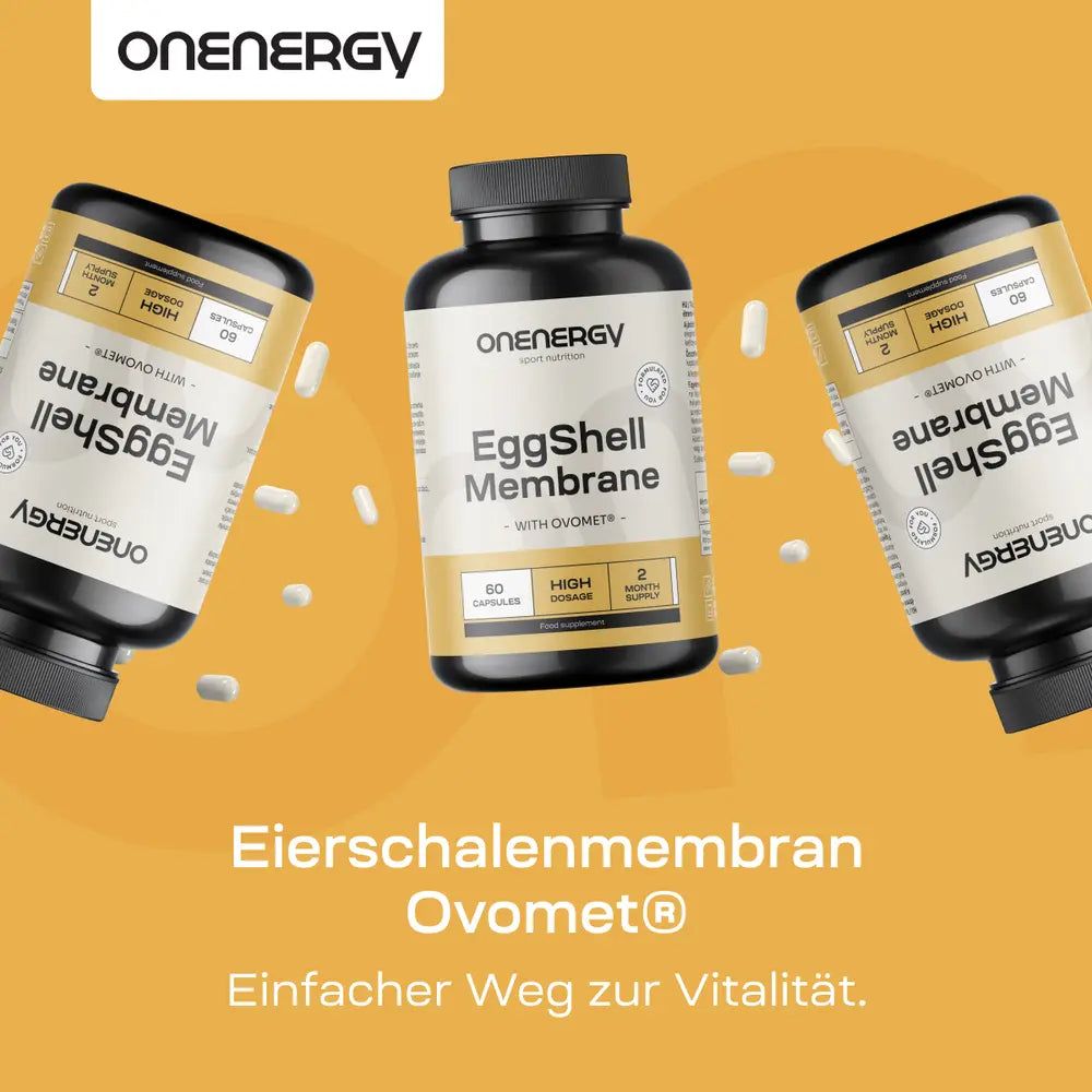 Drei Flaschen EggShell Membrane Ovomet® auf gelbem Hintergrund, einfache Vitalität.
